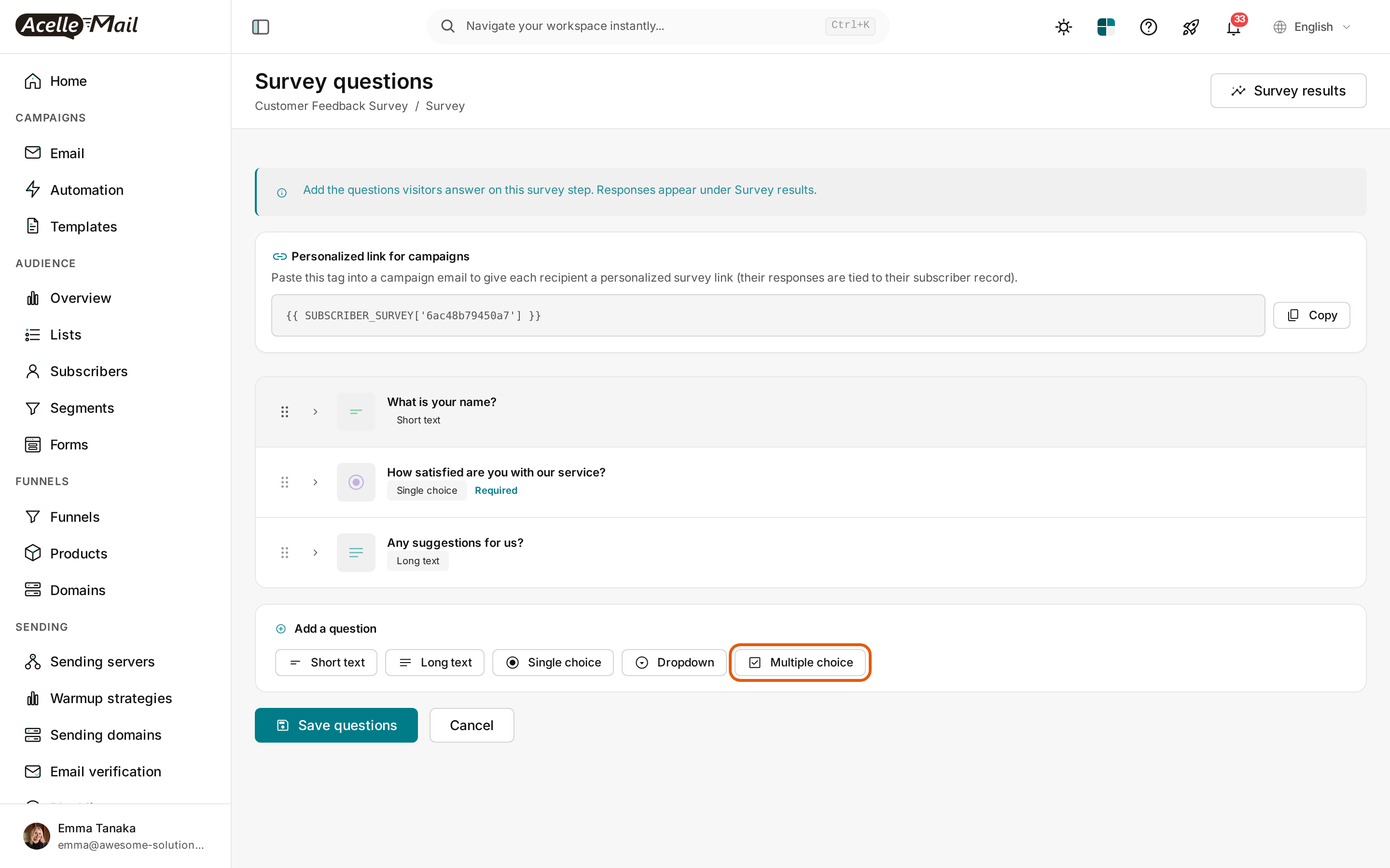 The Survey questions page with the template's three questions