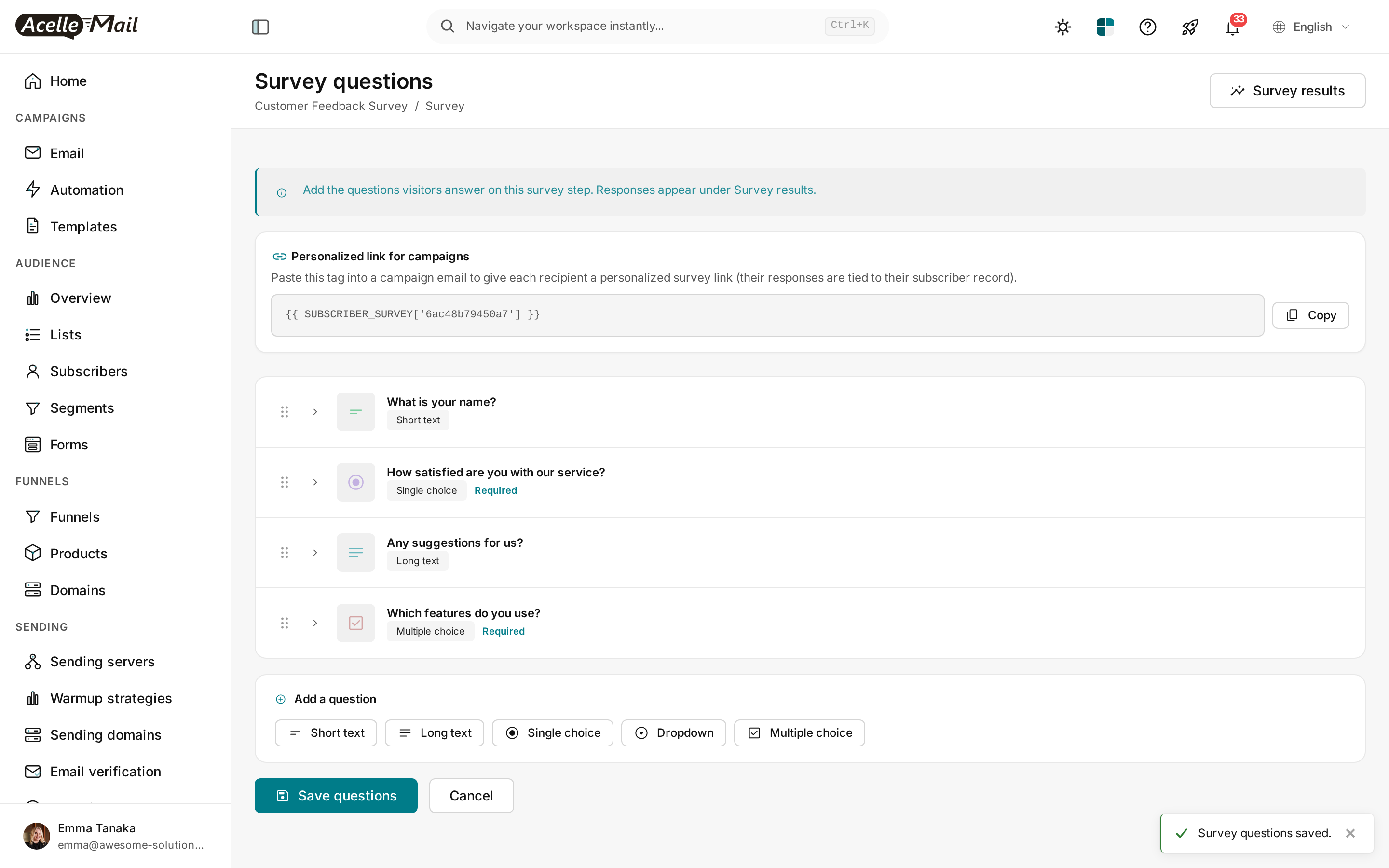 The saved list with the new question and the Survey questions saved message