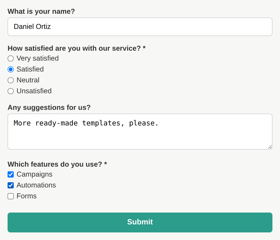 The public survey page, filled in