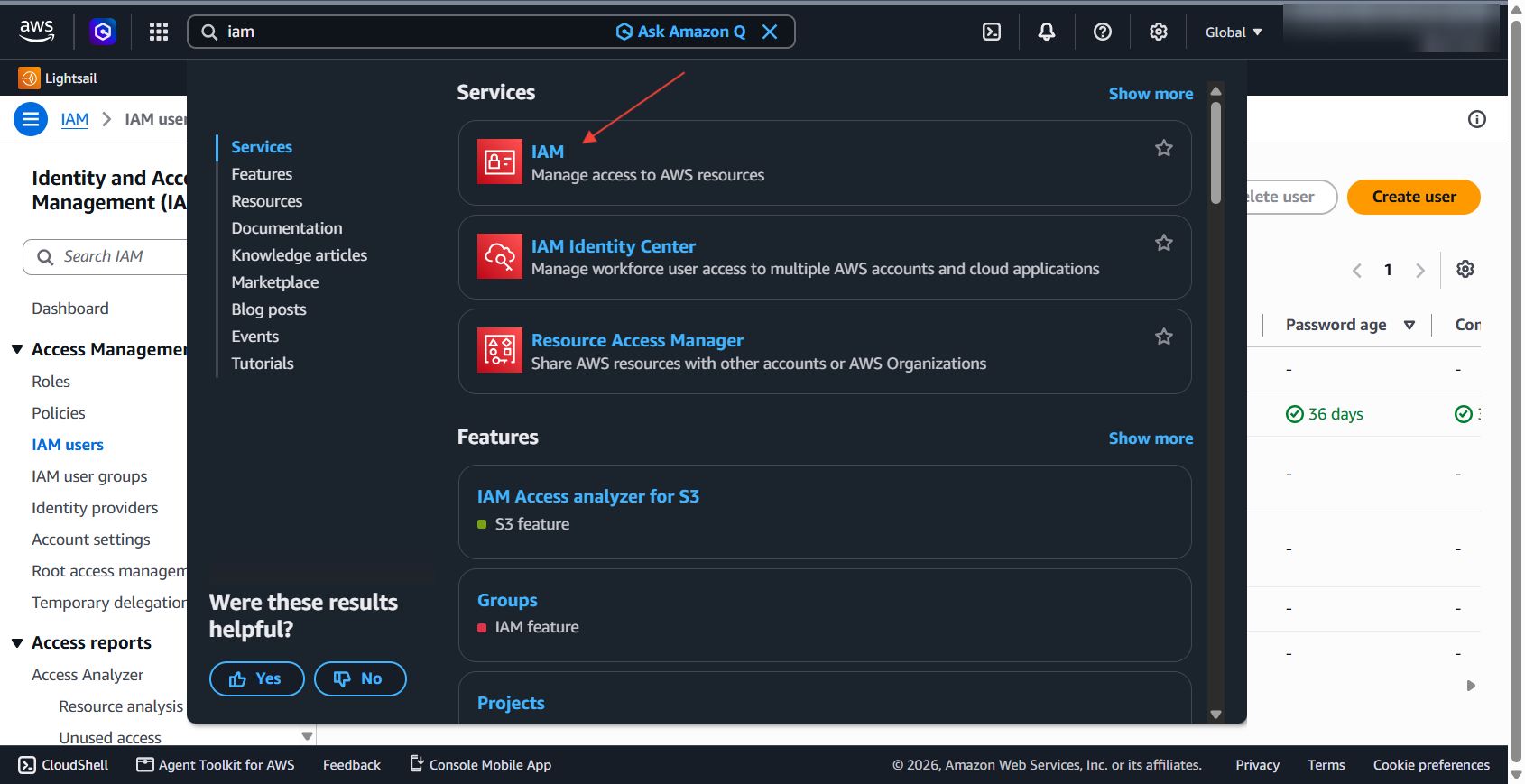 Searching for IAM in the AWS console