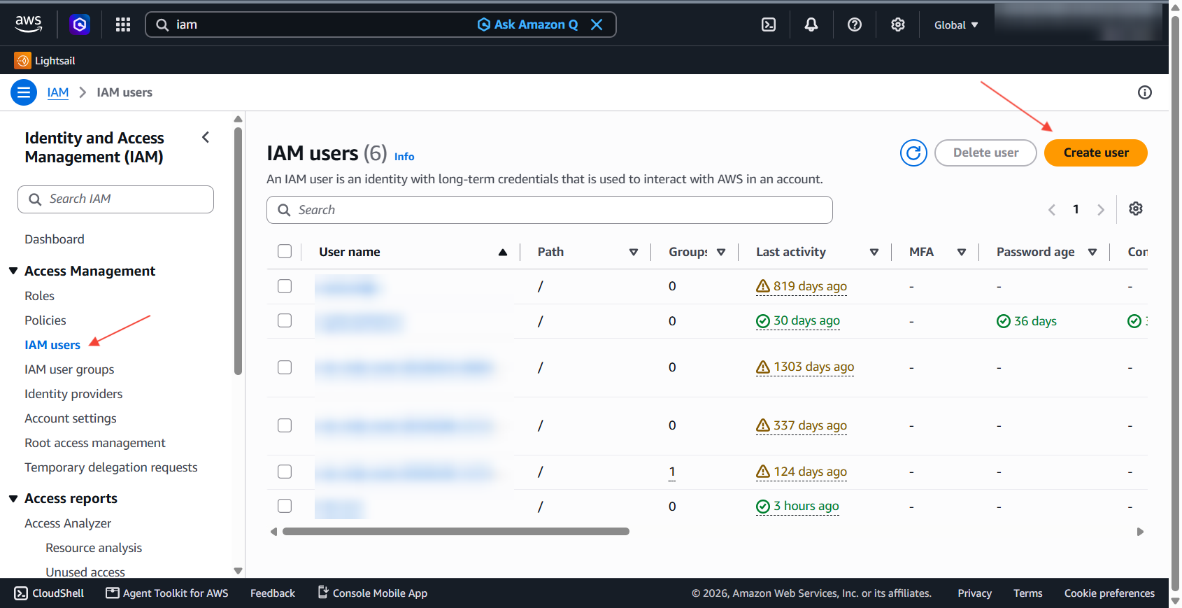 The IAM users list with the Create user button