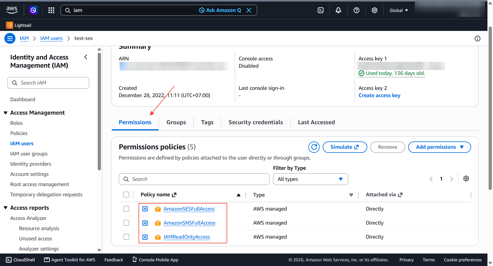 IAM user with AmazonSESFullAccess, AmazonSNSFullAccess and IAMReadOnlyAccess attached
