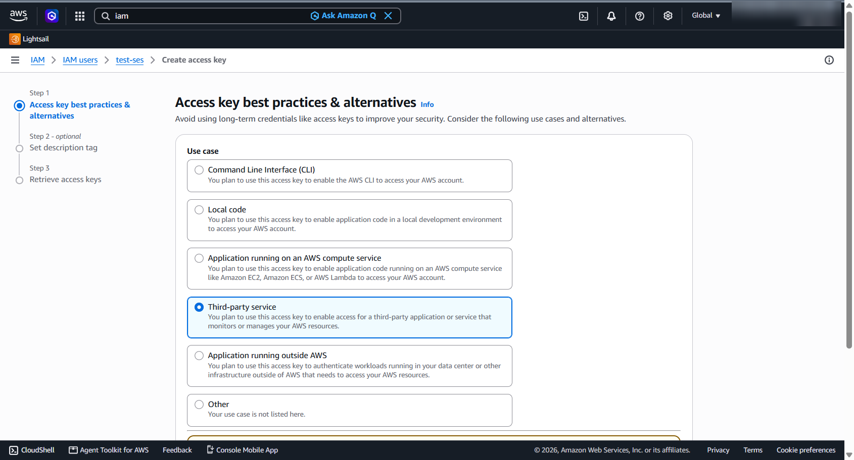 Choosing Third-party service as the access key use case