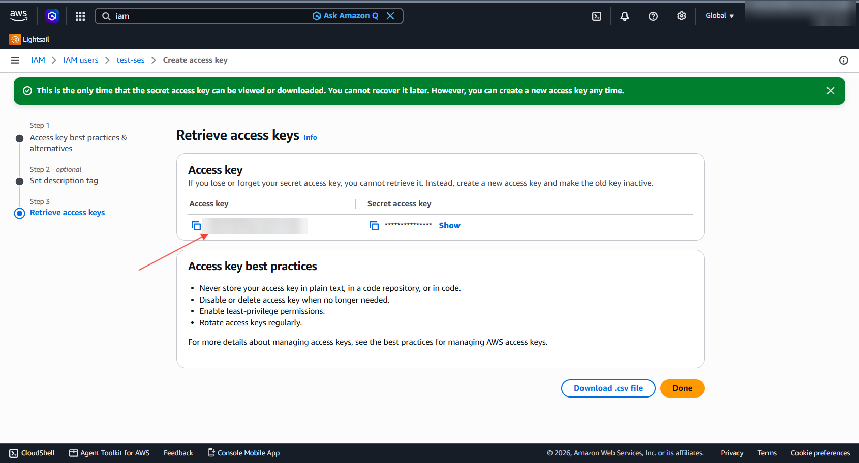 The Retrieve access keys screen