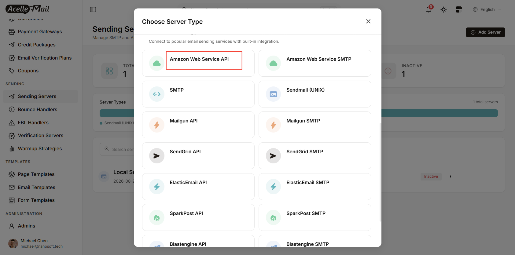 The Choose Server Type window with Amazon Web Service API selected