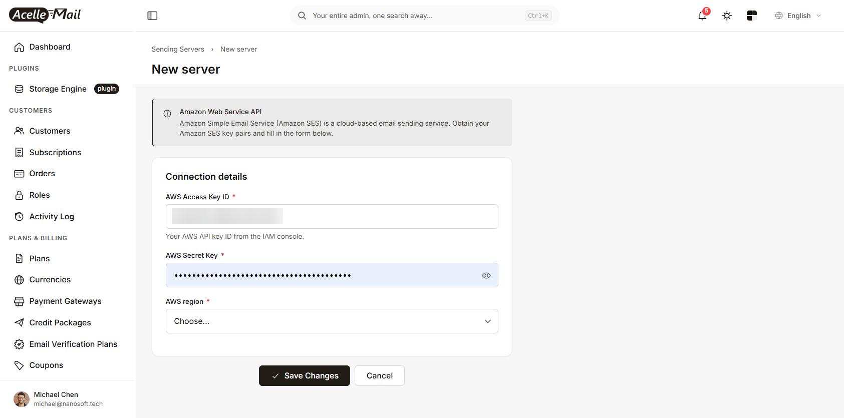 The New server form with AWS Access Key ID, AWS Secret Key and AWS region