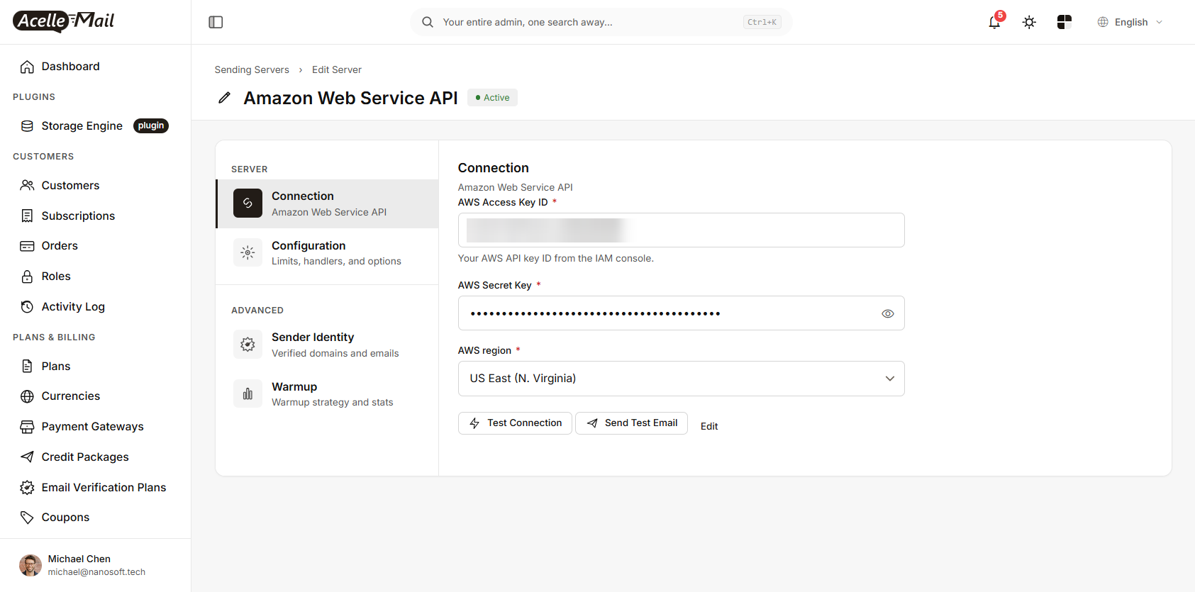 The saved sending server showing Test Connection and Send Test Email