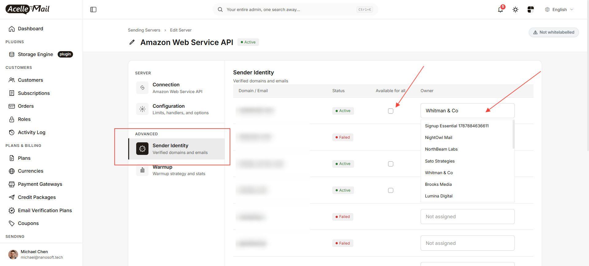 Sender Identity rows with the Available for all checkbox and the Owner dropdown