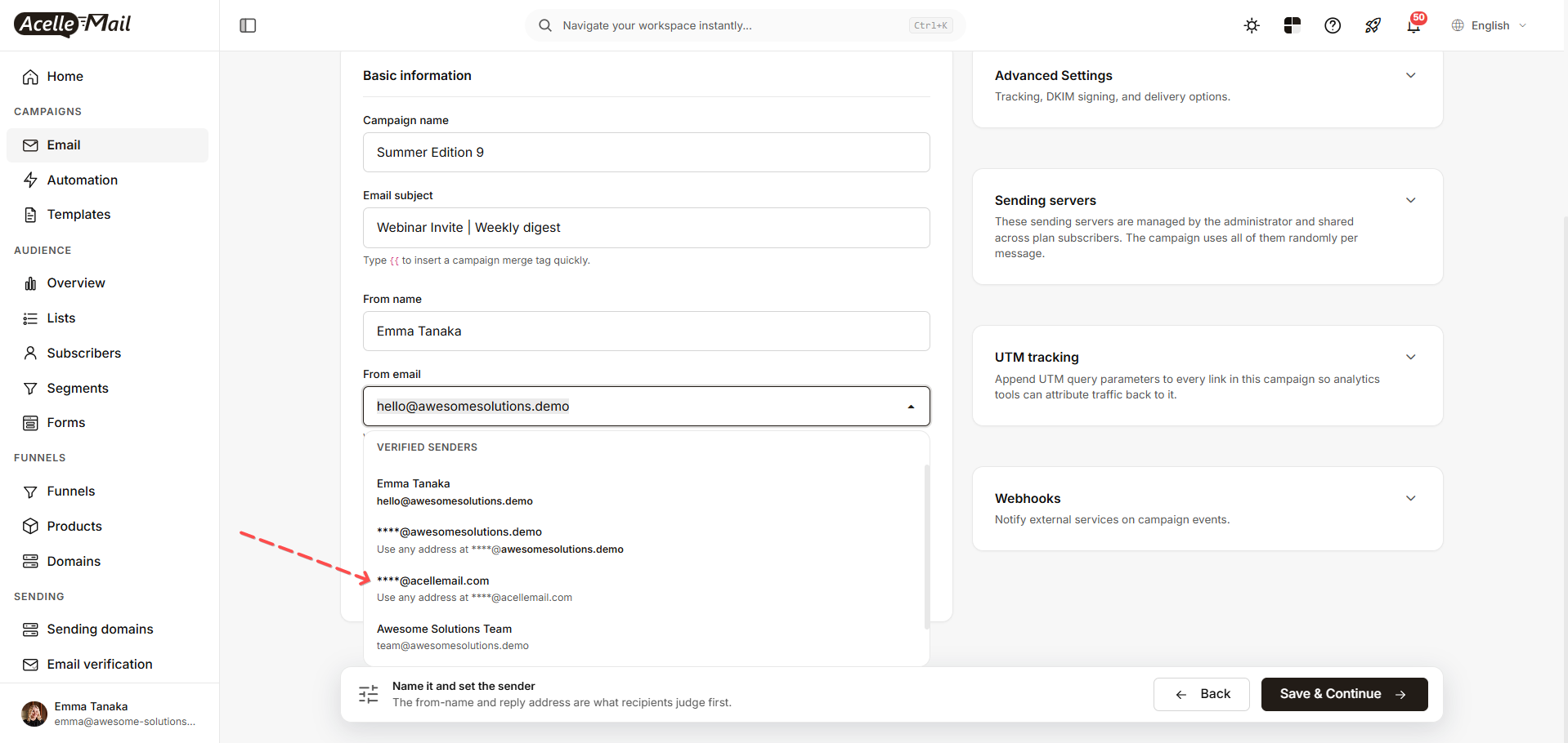 The From email dropdown in a campaign showing a shared domain under Verified senders