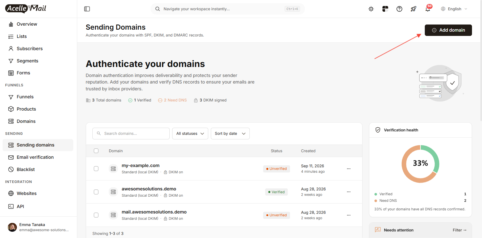 The Sending Domains page with the Add domain button