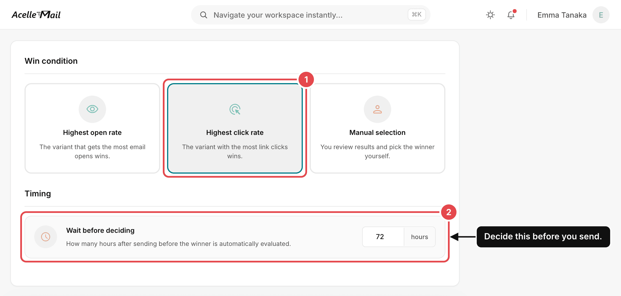 The Winner Rules step in AcelleMail with two marks: 1 the Highest click rate win condition, selected, and 2 Wait before deciding, set to 72 hours. A note says to decide the wait before you send.