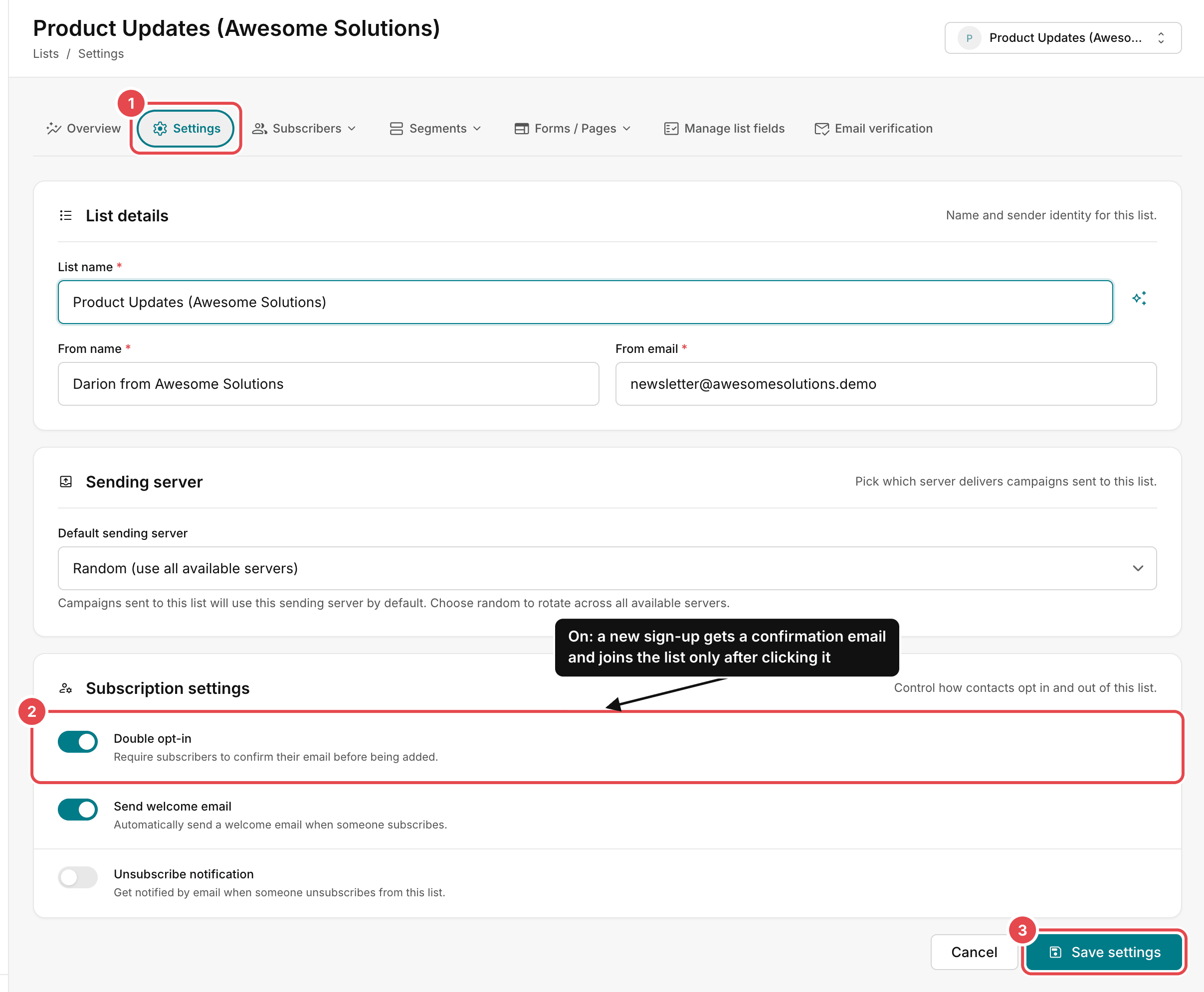 A list's Settings tab: under Subscription settings, Double opt-in is switched on, then Save settings