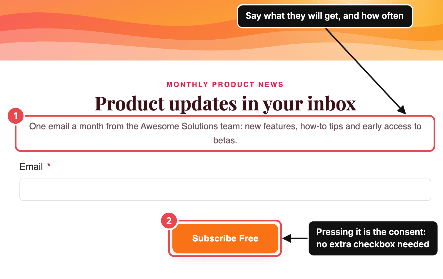 The form builder with example copy: the line under the heading says who sends what and how often, and pressing Subscribe is the consent