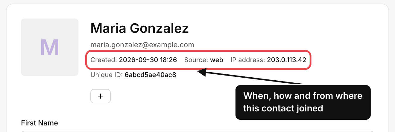 A contact who joined through the public signup page: Created, Source: web and IP address show when, how and from where they joined