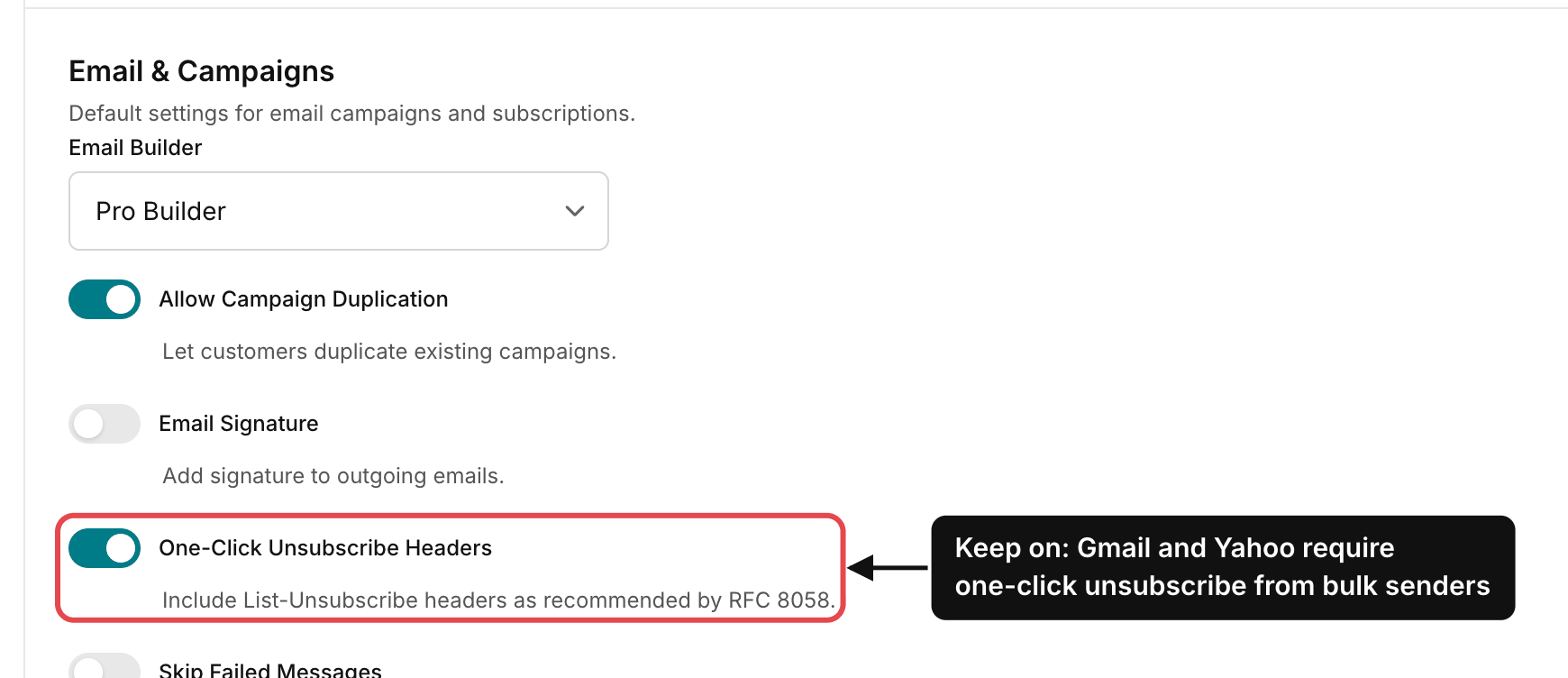 Admin Settings, General, Email & Campaigns: One-Click Unsubscribe Headers switched on