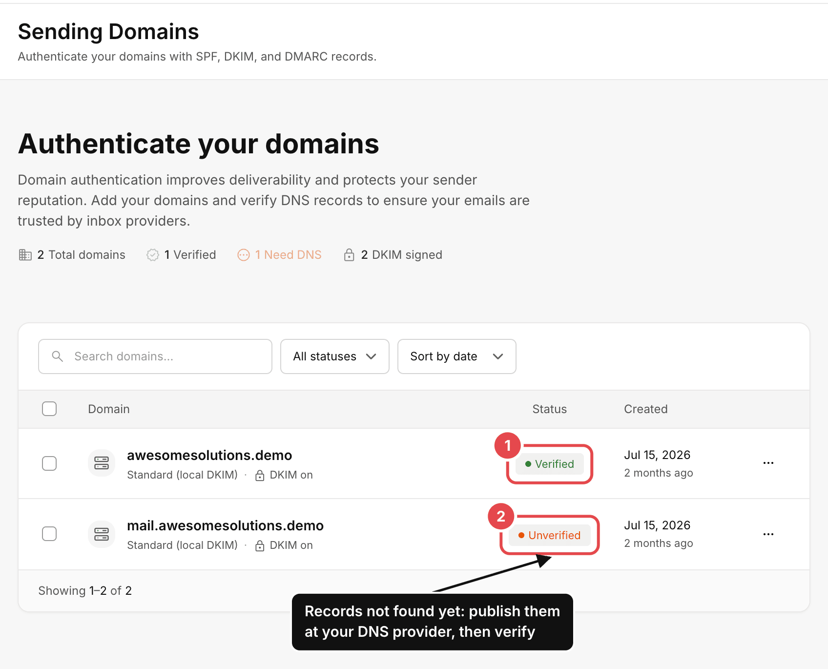 Sending Domains: awesomesolutions.demo is Verified; mail.awesomesolutions.demo is Unverified because its DNS records are not published yet