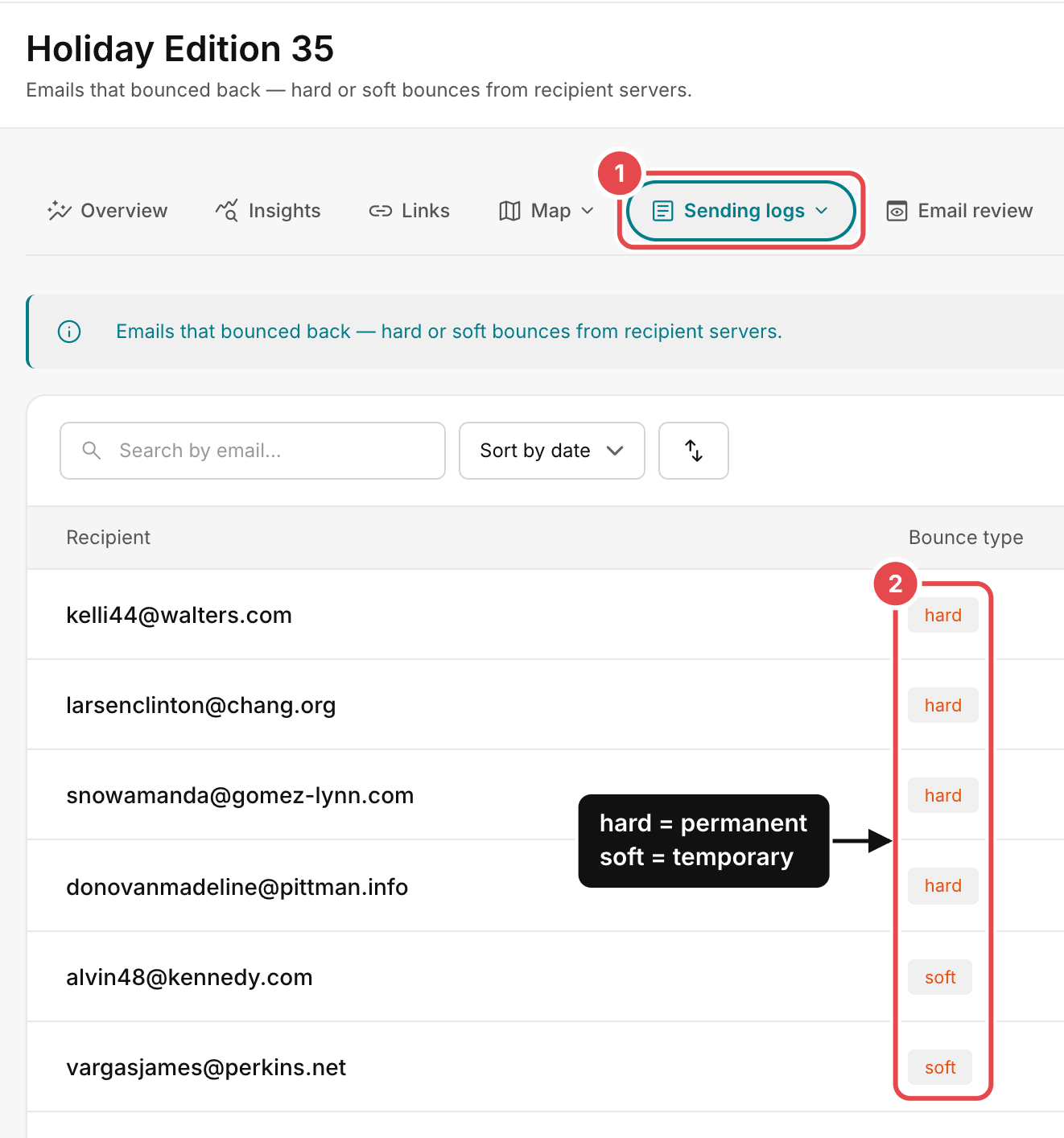 A campaign's Bounce log under Sending logs: each bounced recipient with its bounce type, hard or soft