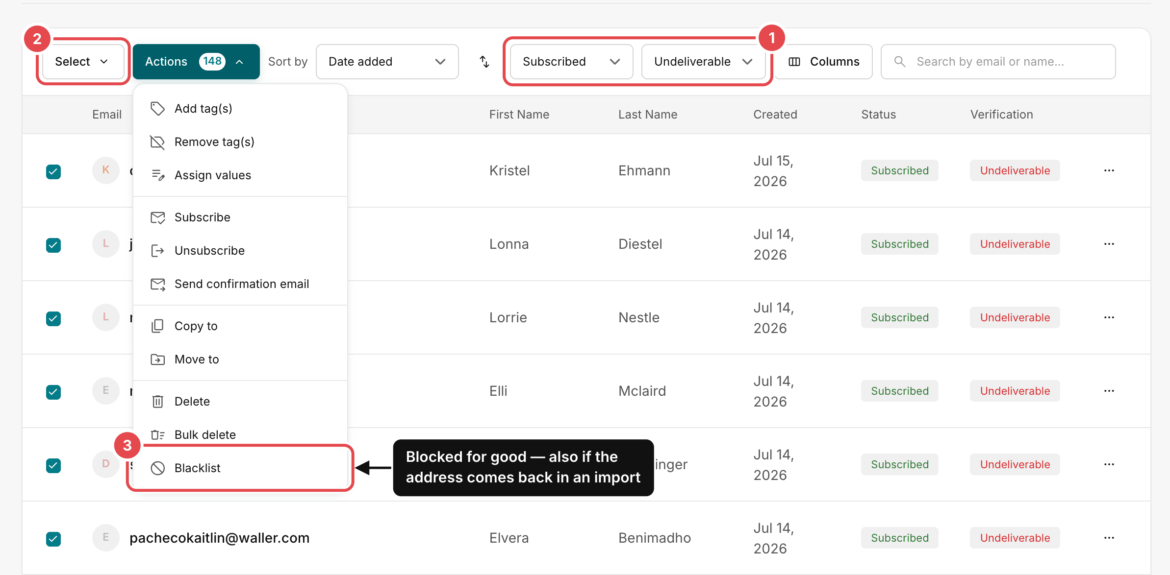 The list's subscribers filtered to Subscribed and Undeliverable: 1 the two filters, 2 Select, used to pick all subscribers, 3 Blacklist in the Actions menu