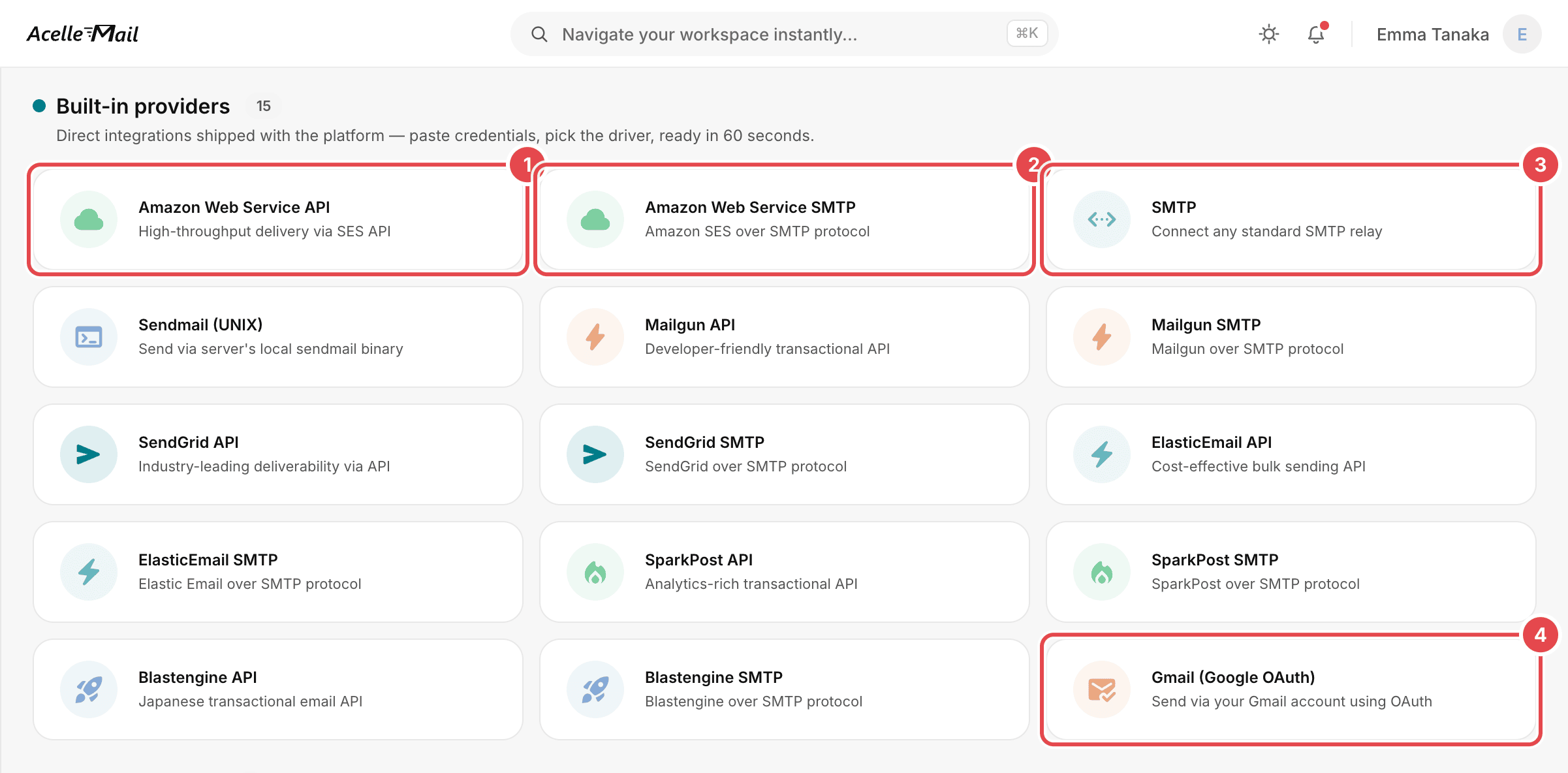 The Choose a server type page in AcelleMail, with four marks: 1 Amazon Web Service API, 2 Amazon Web Service SMTP, 3 SMTP and 4 Gmail (Google OAuth). Mailgun, SendGrid, ElasticEmail, SparkPost and Blastengine are also listed twice, once for the API and once for SMTP.