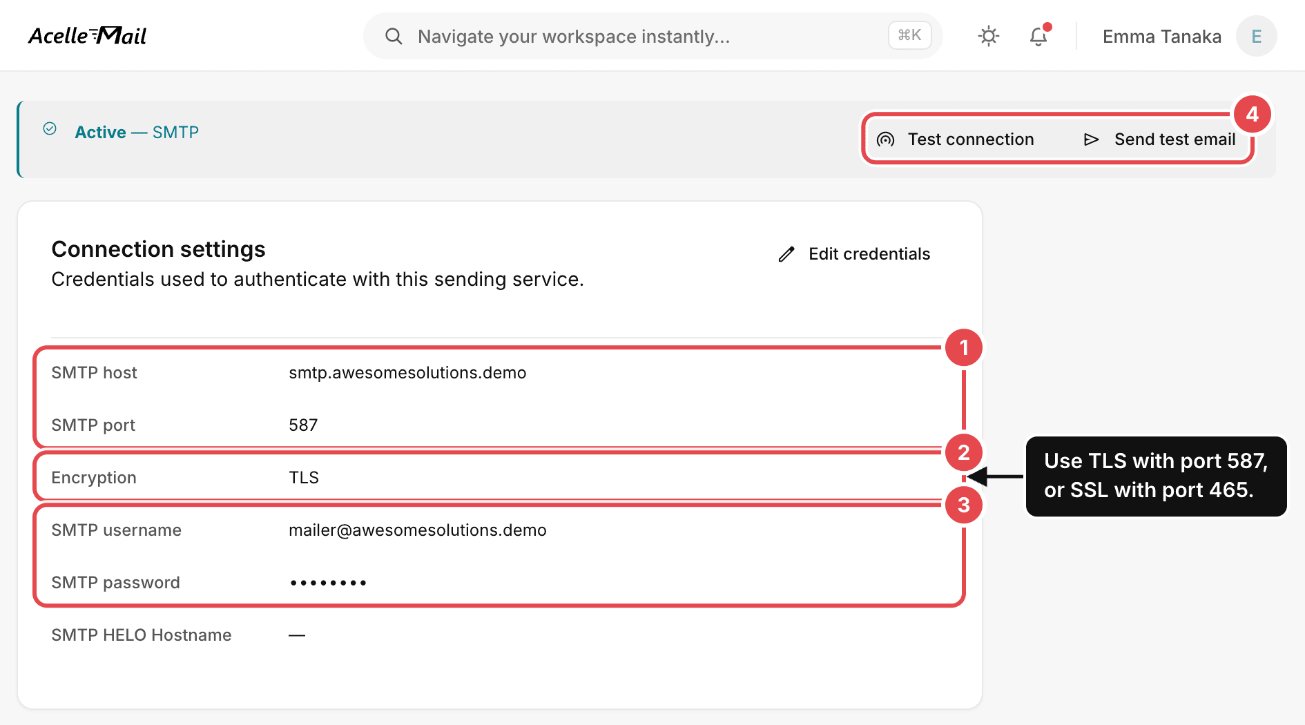 The Connection settings card of an SMTP sending server in AcelleMail, with four marks: 1 SMTP host and SMTP port 587, 2 Encryption TLS, with a note to use TLS with port 587 or SSL with port 465, 3 SMTP username and SMTP password, and 4 the Test connection and Send test email buttons.
