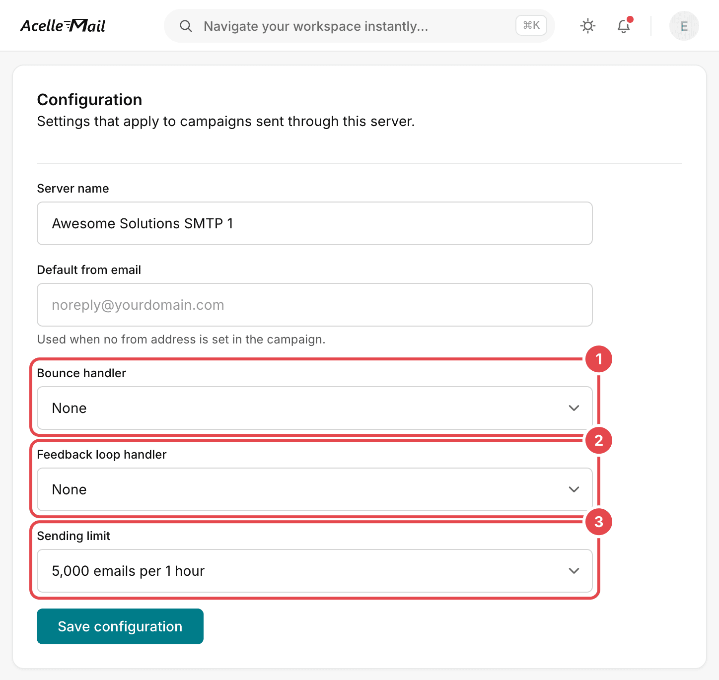 The Configuration card of a sending server in AcelleMail, with three marks: 1 Bounce handler and 2 Feedback loop handler, both set to None, and 3 Sending limit, set to 5,000 emails per 1 hour.