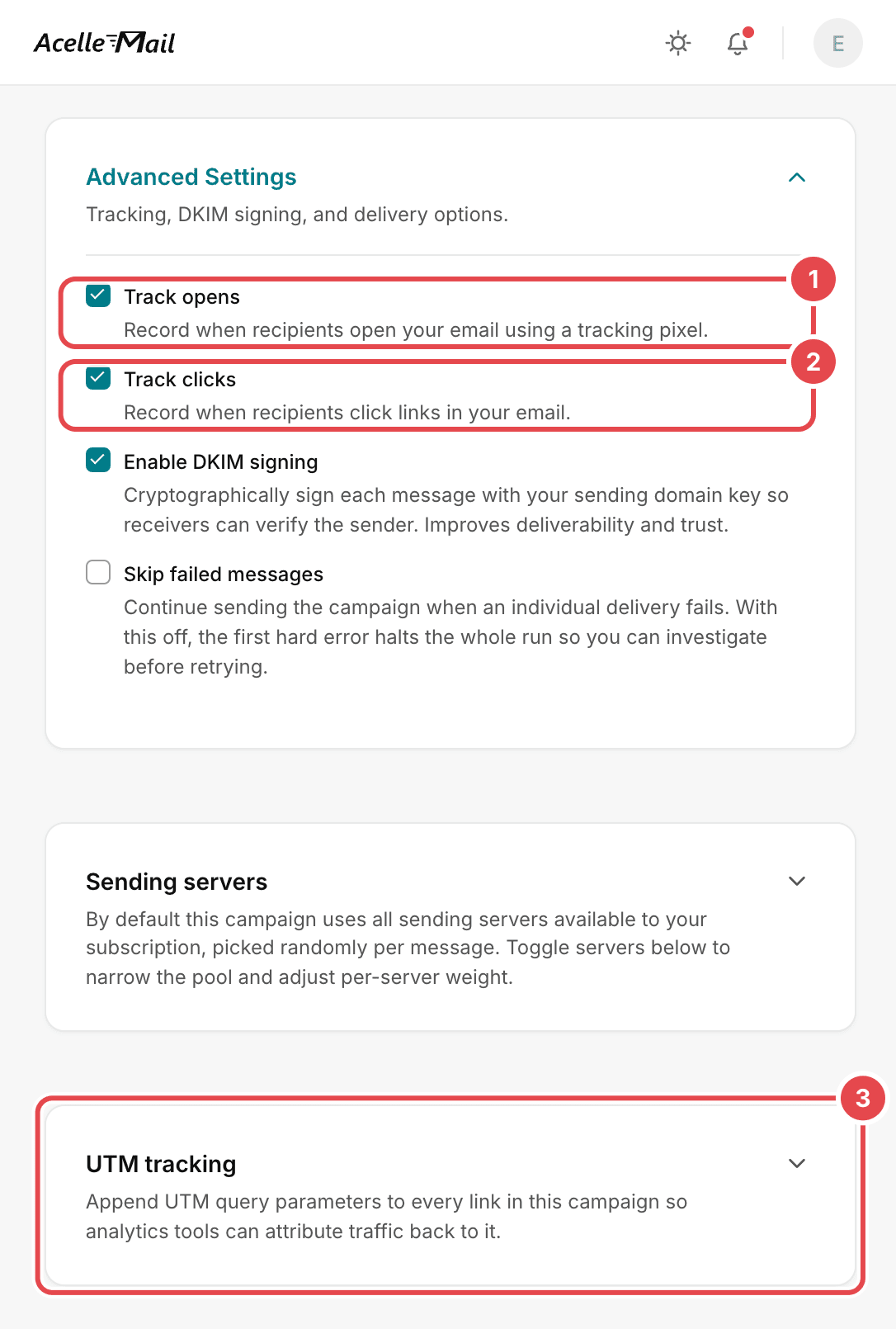 The Advanced Settings card on a campaign's Setup step in AcelleMail, with three marks: 1 Track opens and 2 Track clicks, both ticked by default, and 3 the UTM tracking card.