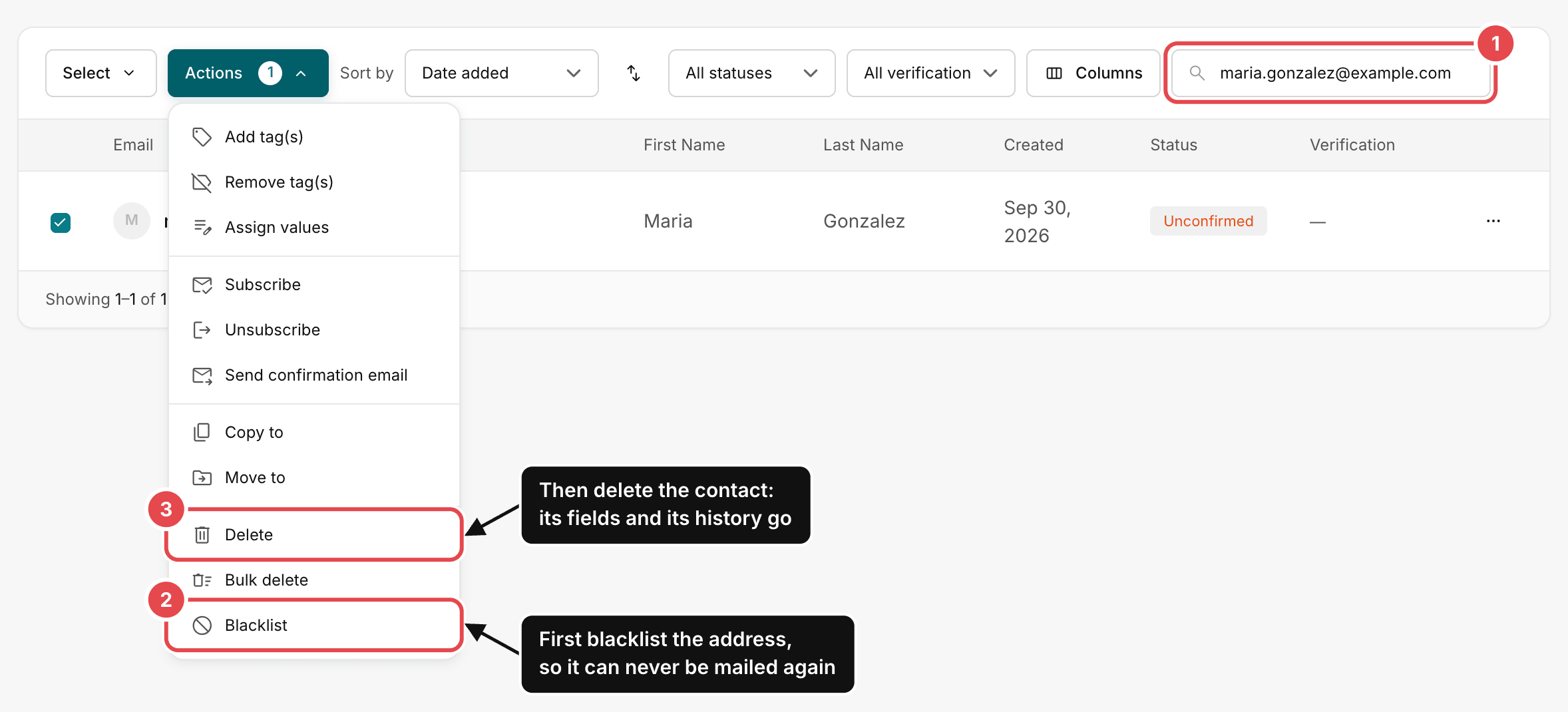 The list's subscribers searched for one address, with the Actions menu open: 1 the search box, 2 Blacklist, used first so the address can never be mailed again, 3 Delete, used next to remove the contact and its history