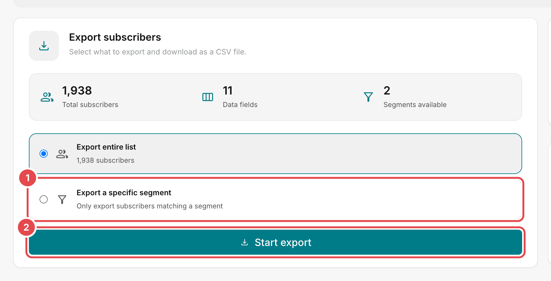 The Export subscribers card: 1 Export a specific segment, 2 Start export
