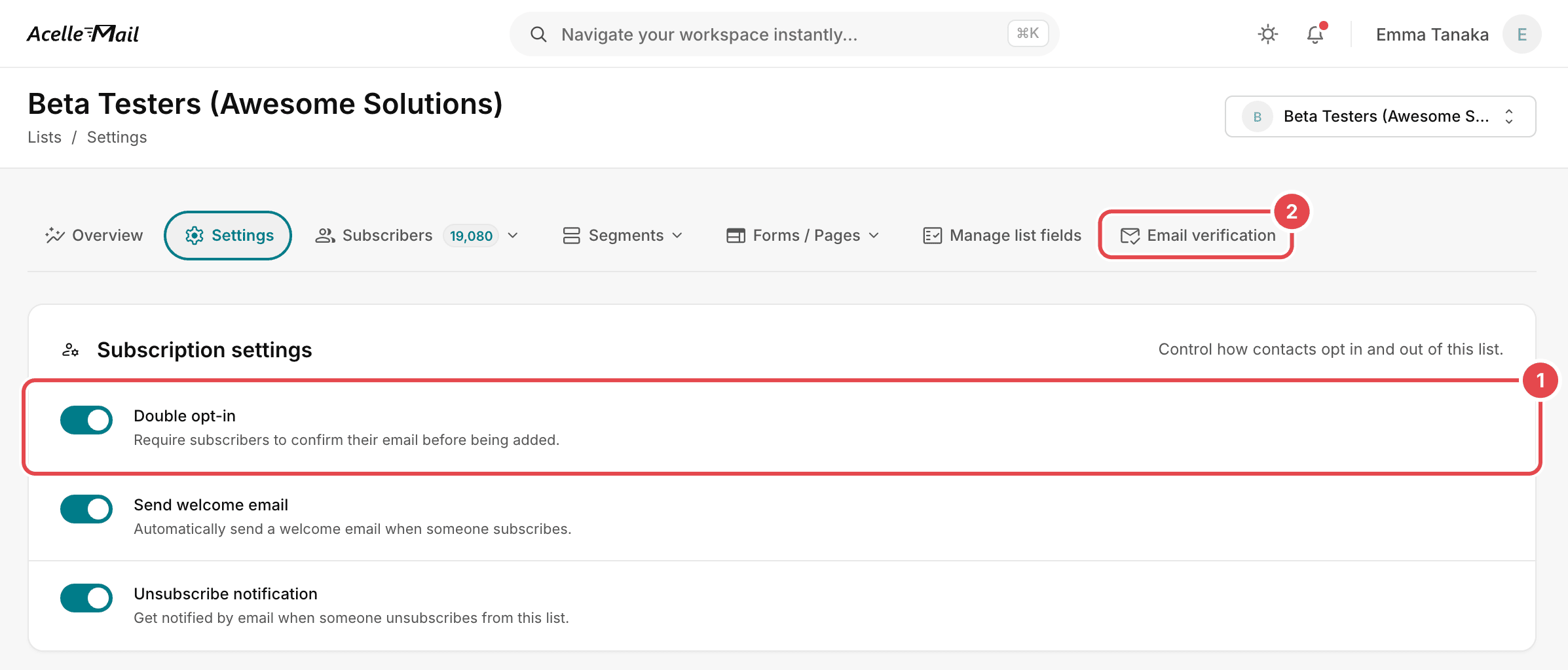 The settings of a list in AcelleMail, with two marks: 1 the Double opt-in setting under Subscription settings, which requires subscribers to confirm their email before being added, and 2 the list's Email verification tab.