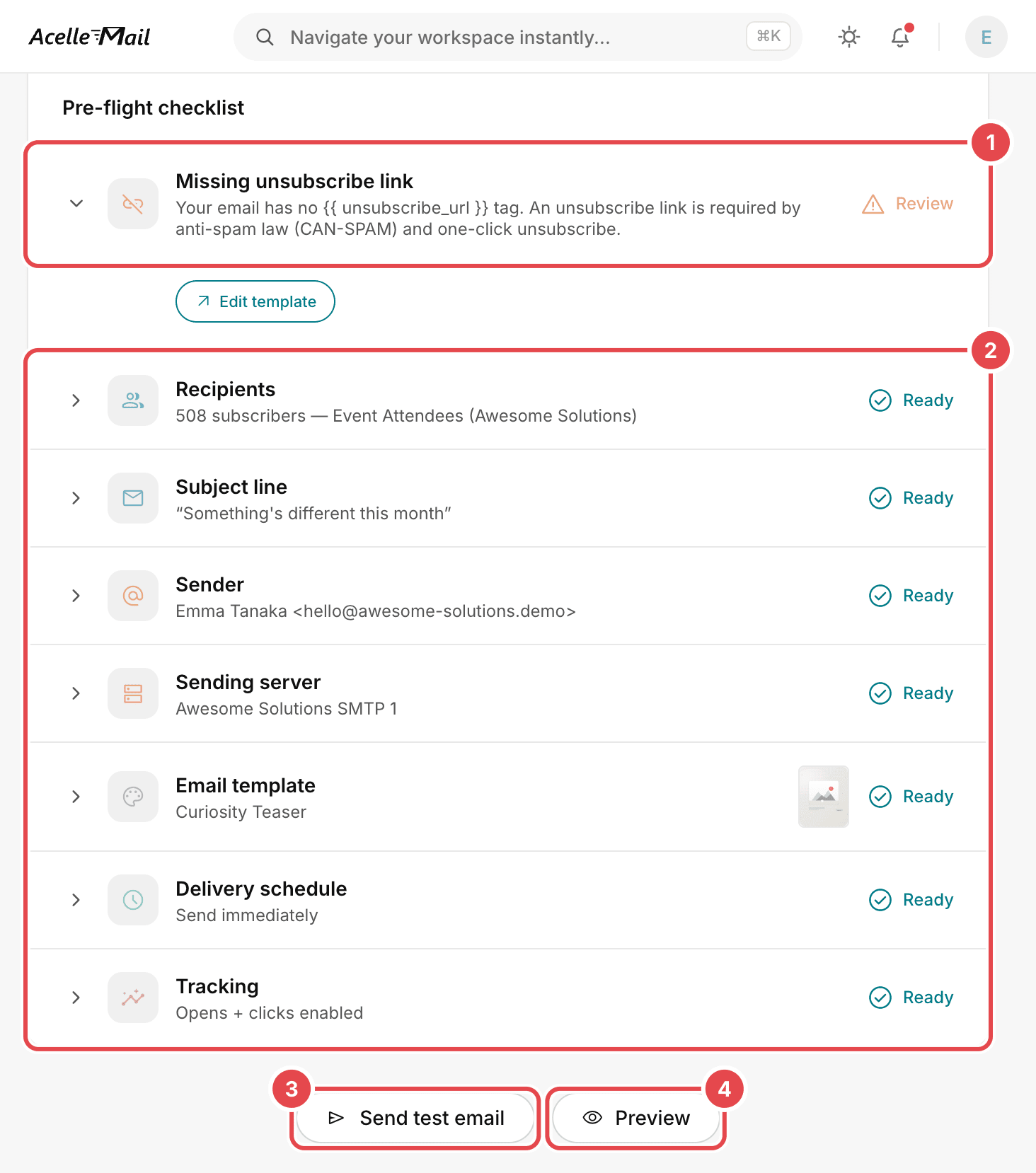 The Confirm step of a campaign in AcelleMail, with four marks: 1 the Pre-flight checklist's warning that the email has no unsubscribe tag, 2 the parts of the campaign marked Ready, from Recipients to Tracking, 3 the Send test email button, and 4 the Preview button.