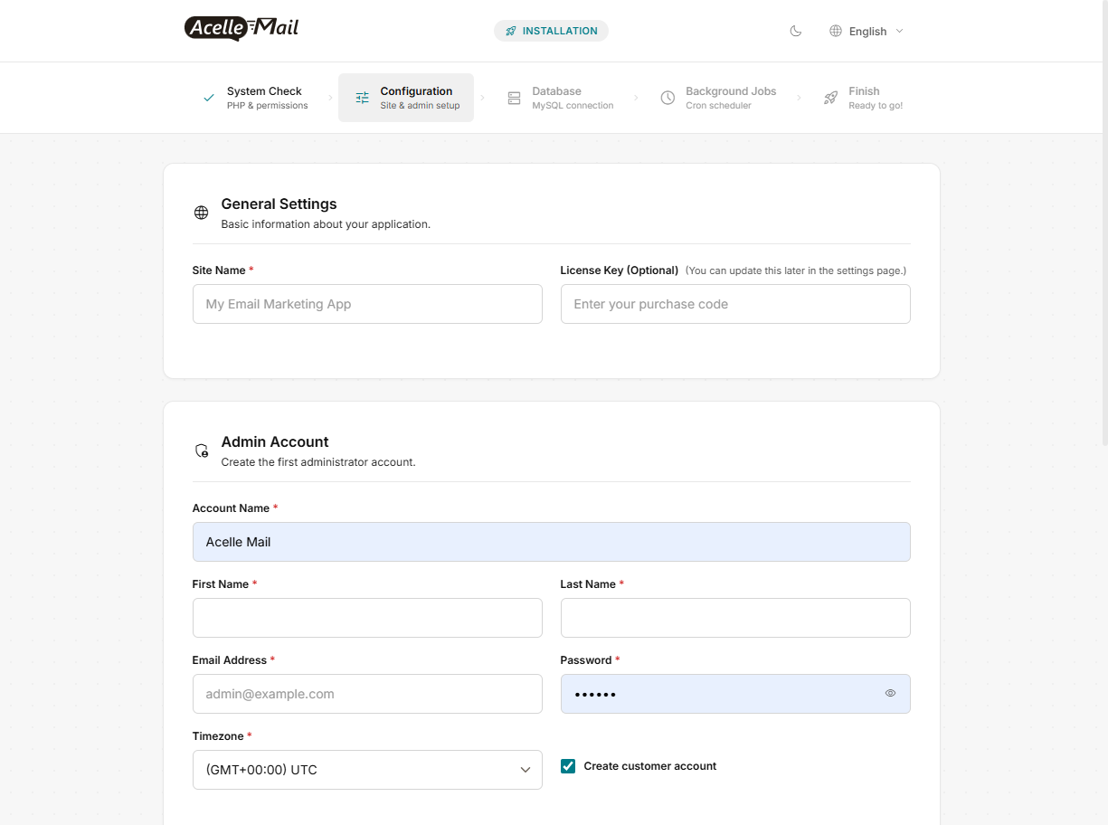 The Configuration step with the General Settings and Admin Account sections