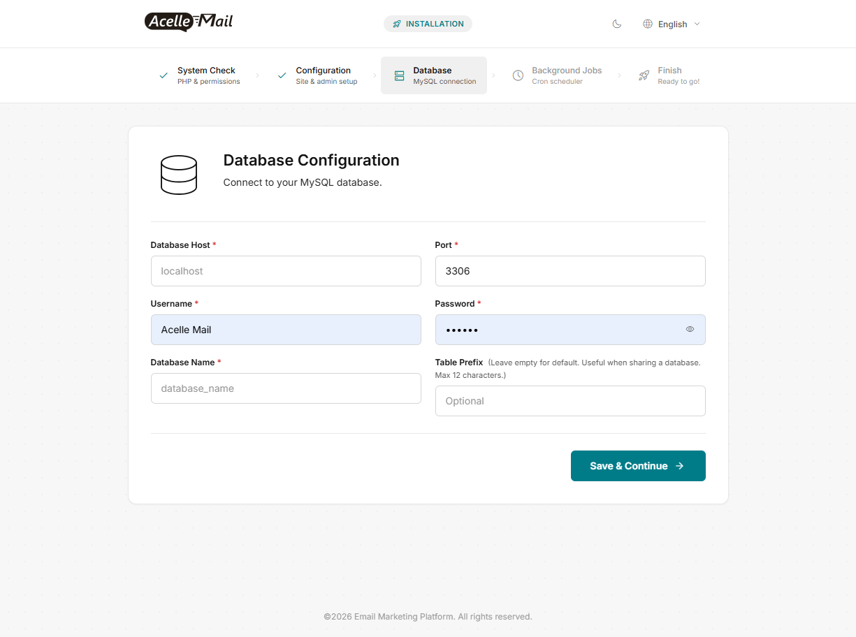 The Database Configuration screen with host, port, username, password, database name and table prefix