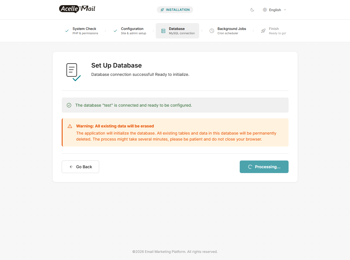 The Set Up Database screen with the data warning and the button showing Processing