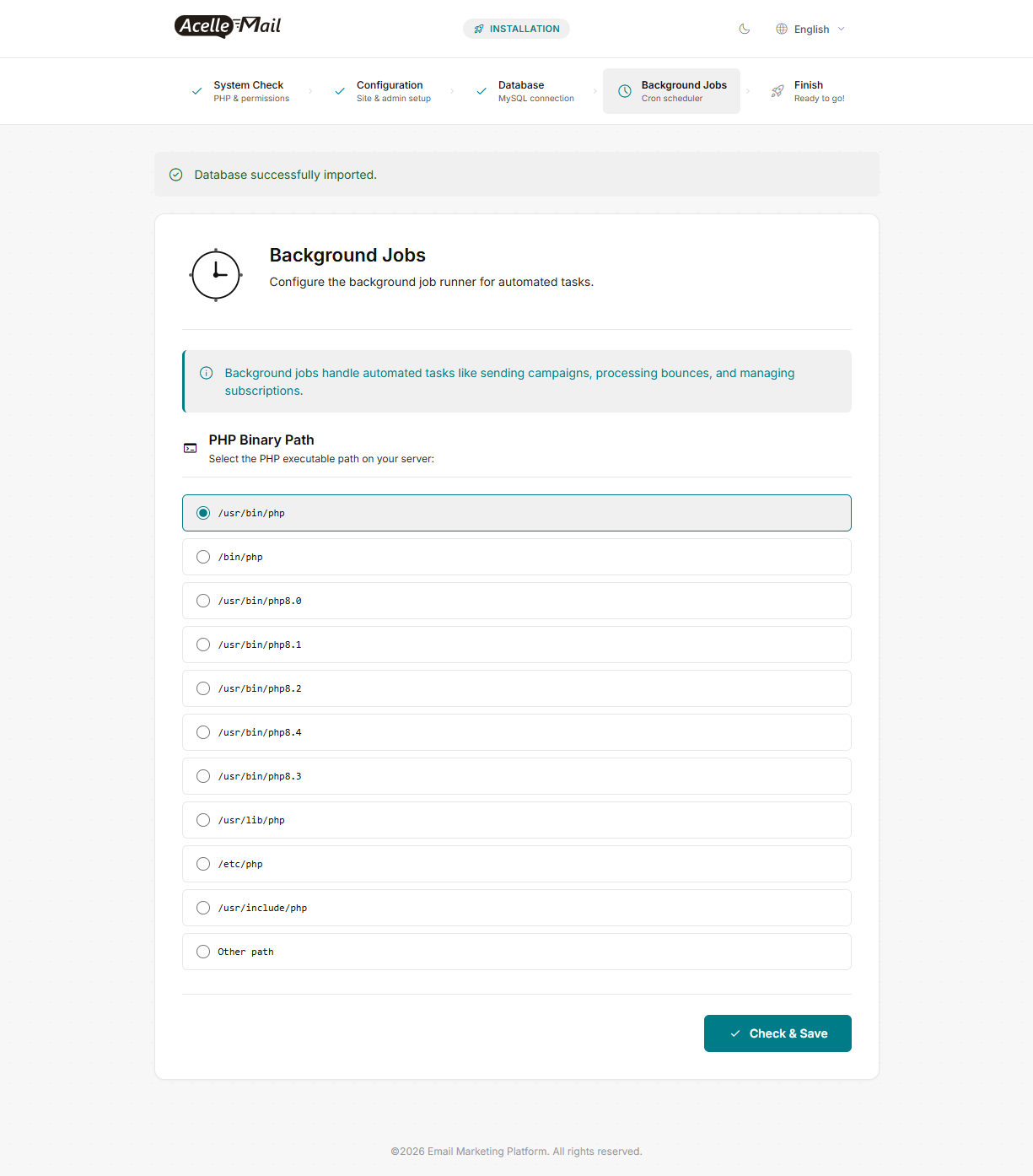 The Background Jobs screen with the list of PHP paths and the Check & Save button