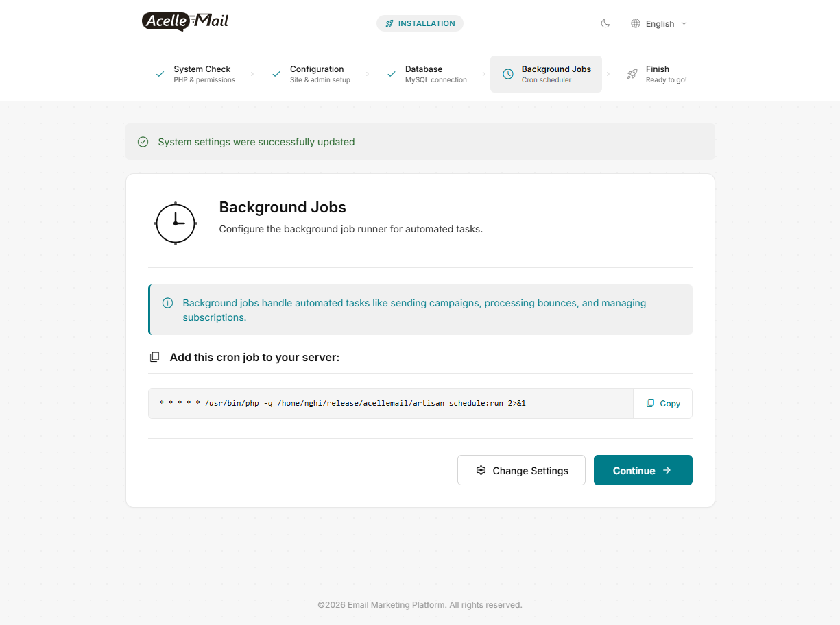 The Background Jobs screen showing the cron job line with the Copy button