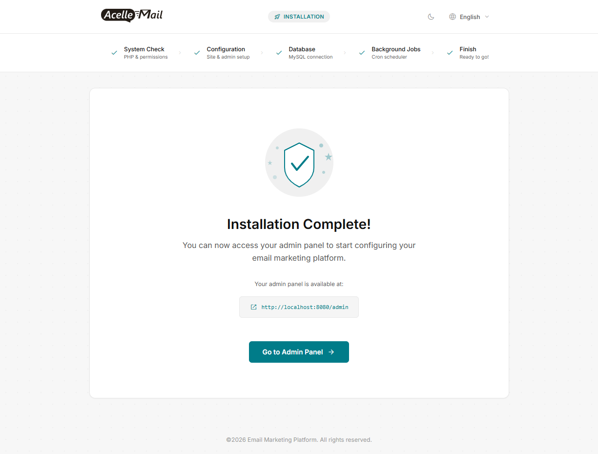 The Installation Complete screen with the admin panel address and the Go to Admin Panel button