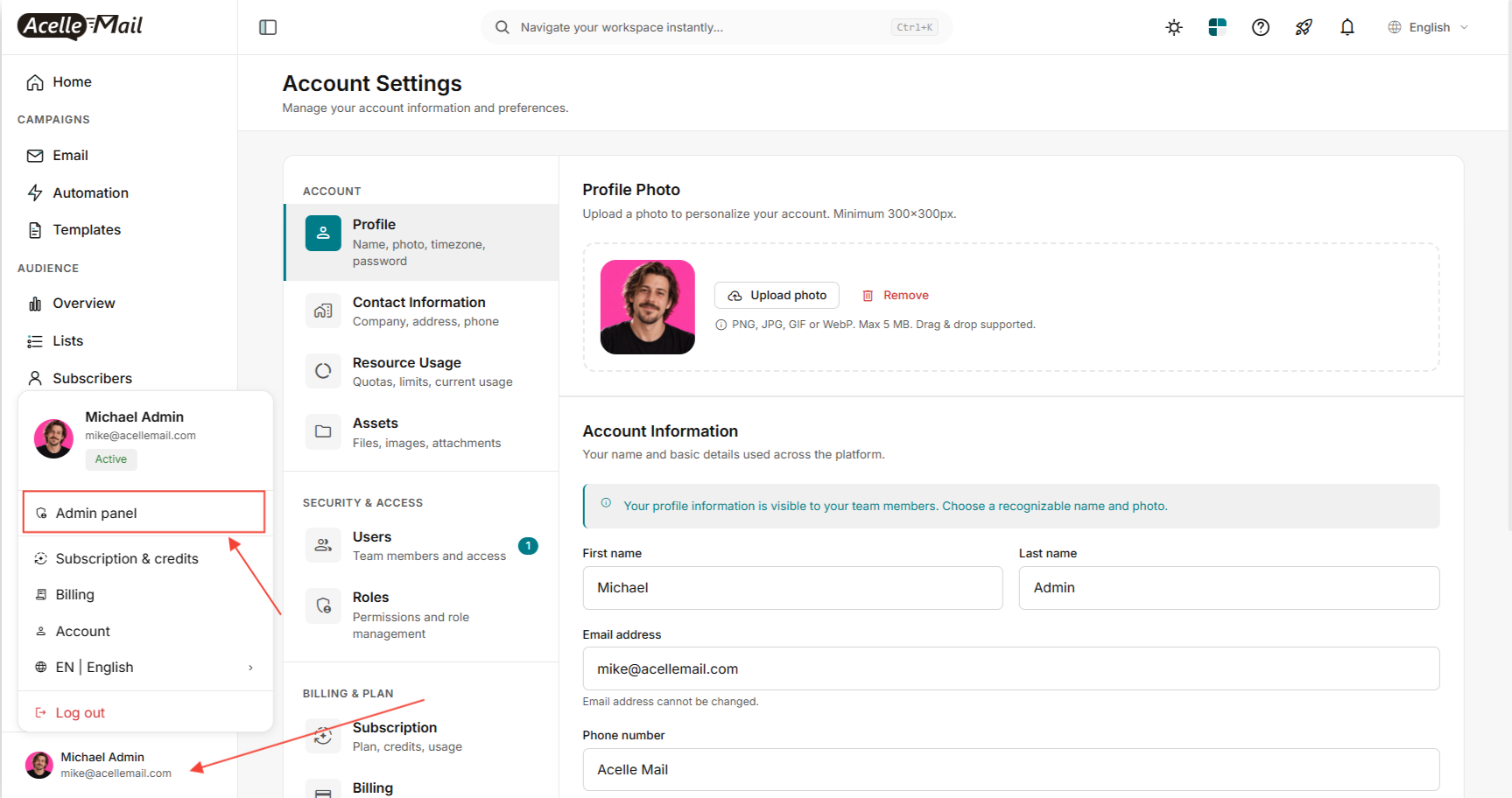The account menu at the bottom left of the user area with Admin panel highlighted