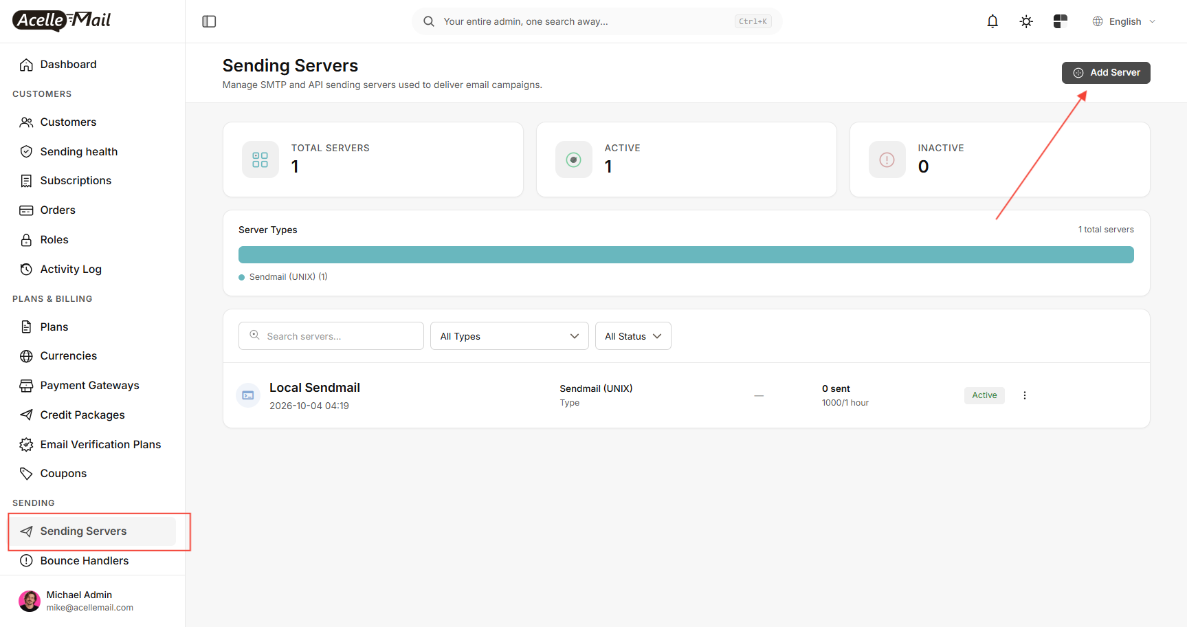 The Sending Servers page in the admin panel with the Add Server button