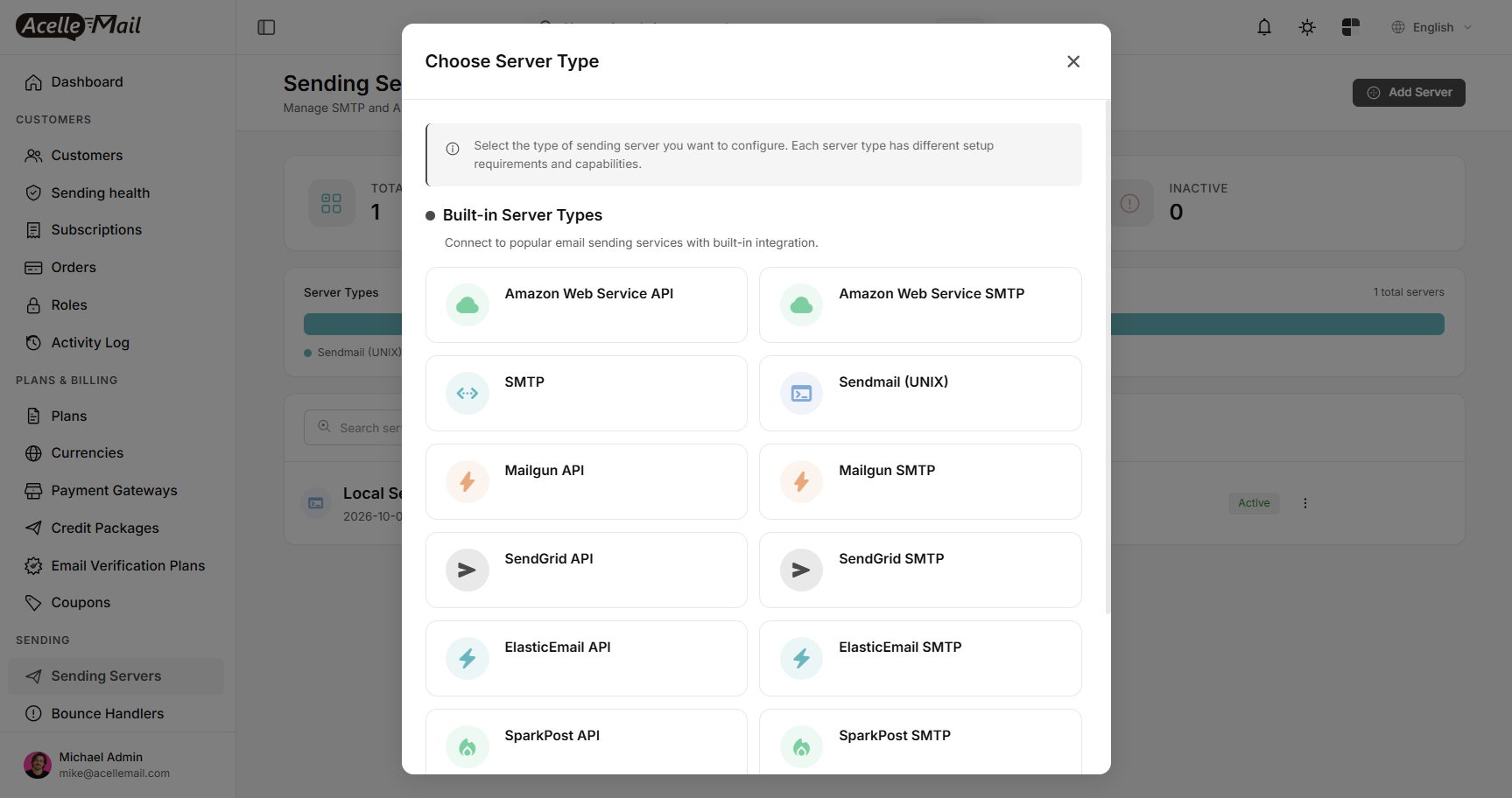 The Choose Server Type window listing the built-in server types