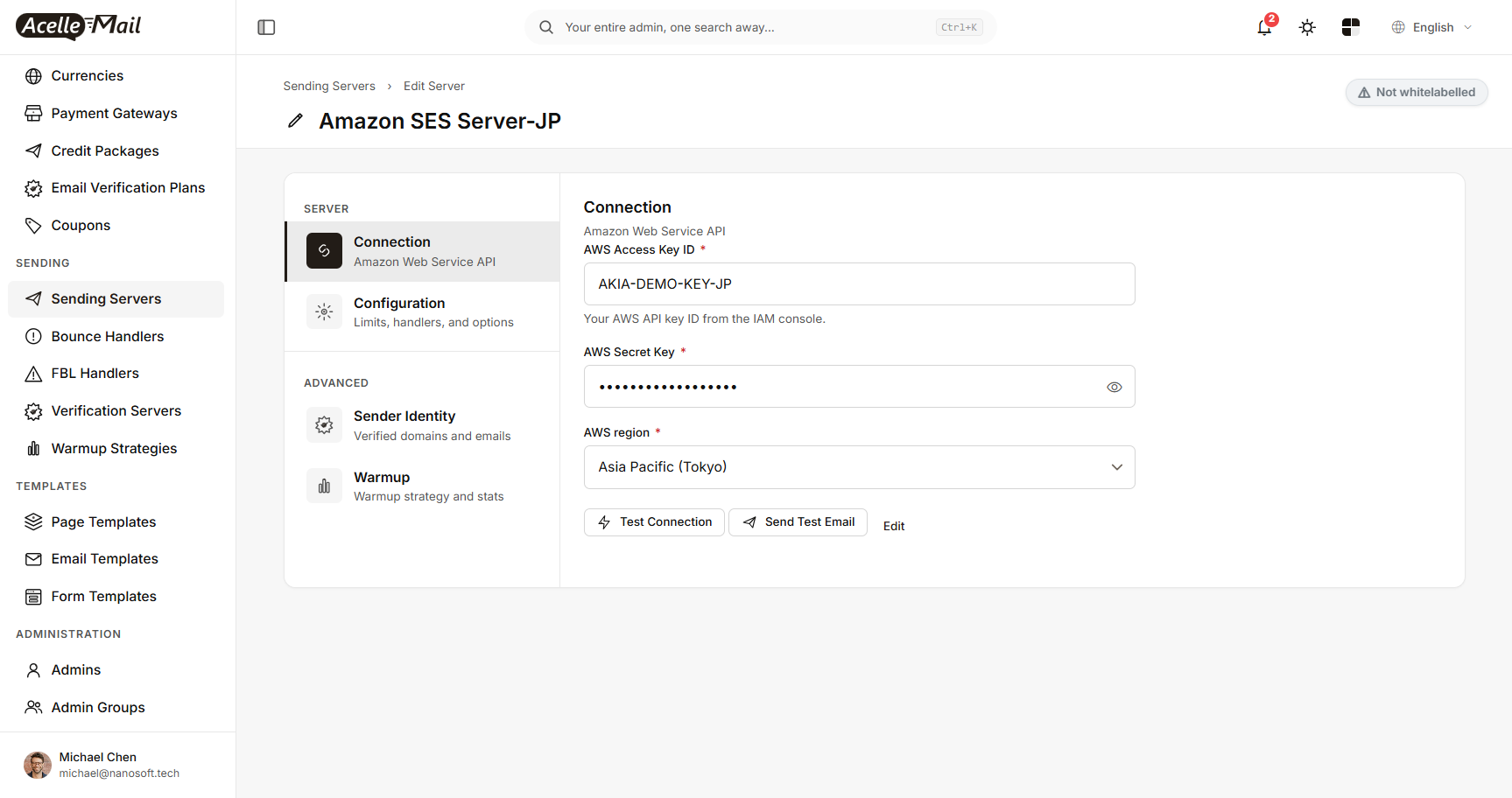 The Connection tab of an Amazon SES sending server with the Test Connection and Send Test Email buttons