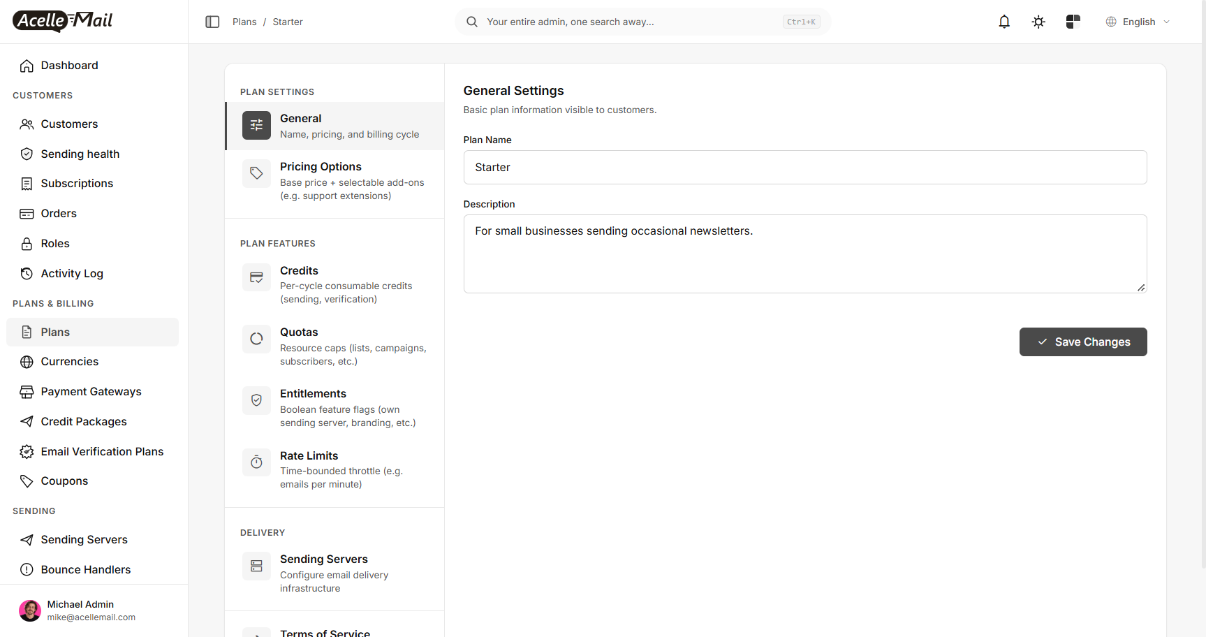 The General Settings of the Starter plan with the plan name and description