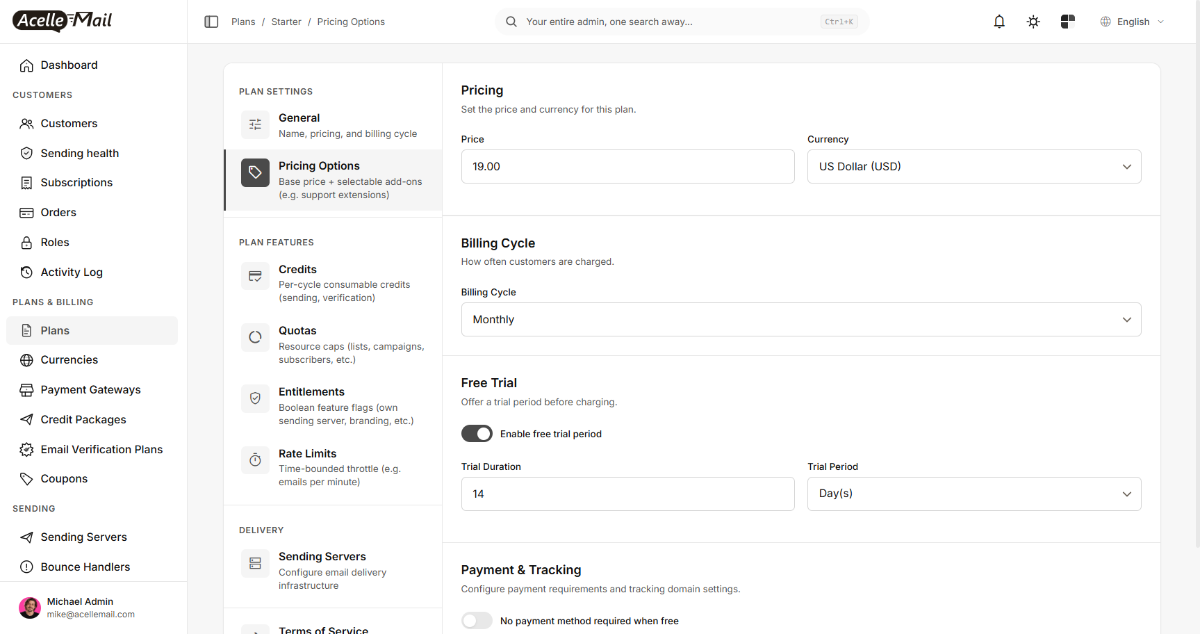 The Pricing Options of the Starter plan with price, currency, billing cycle and free trial