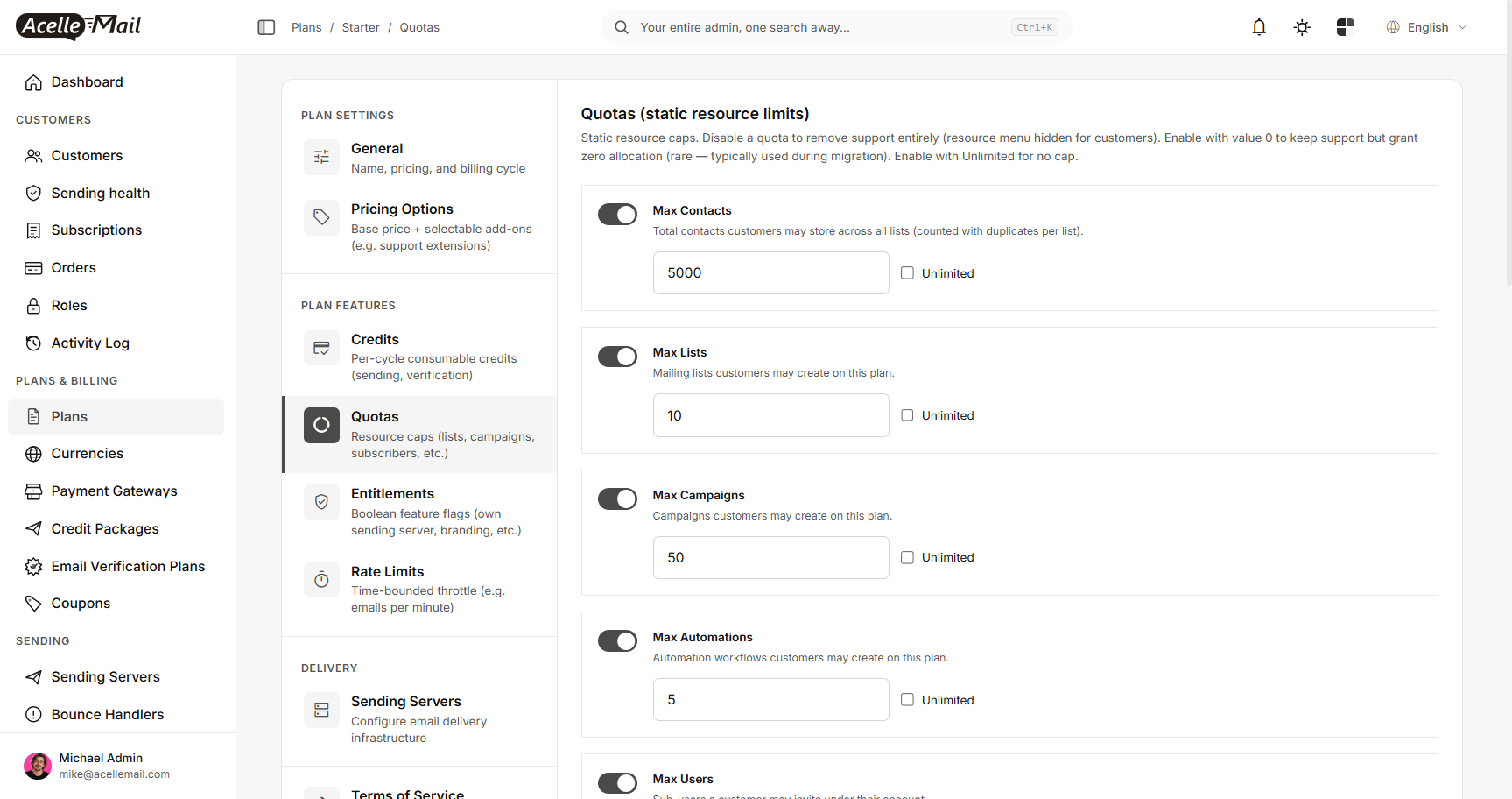 The Quotas of the Starter plan with Max Contacts, Max Lists, Max Campaigns and Max Automations