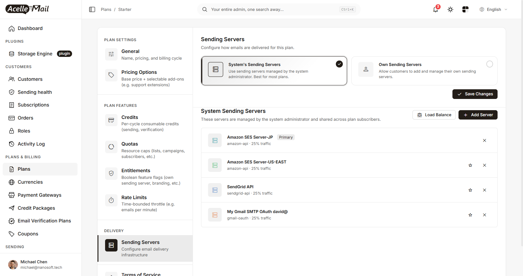 The Sending Servers section of a plan with System's Sending Servers selected and the list of servers