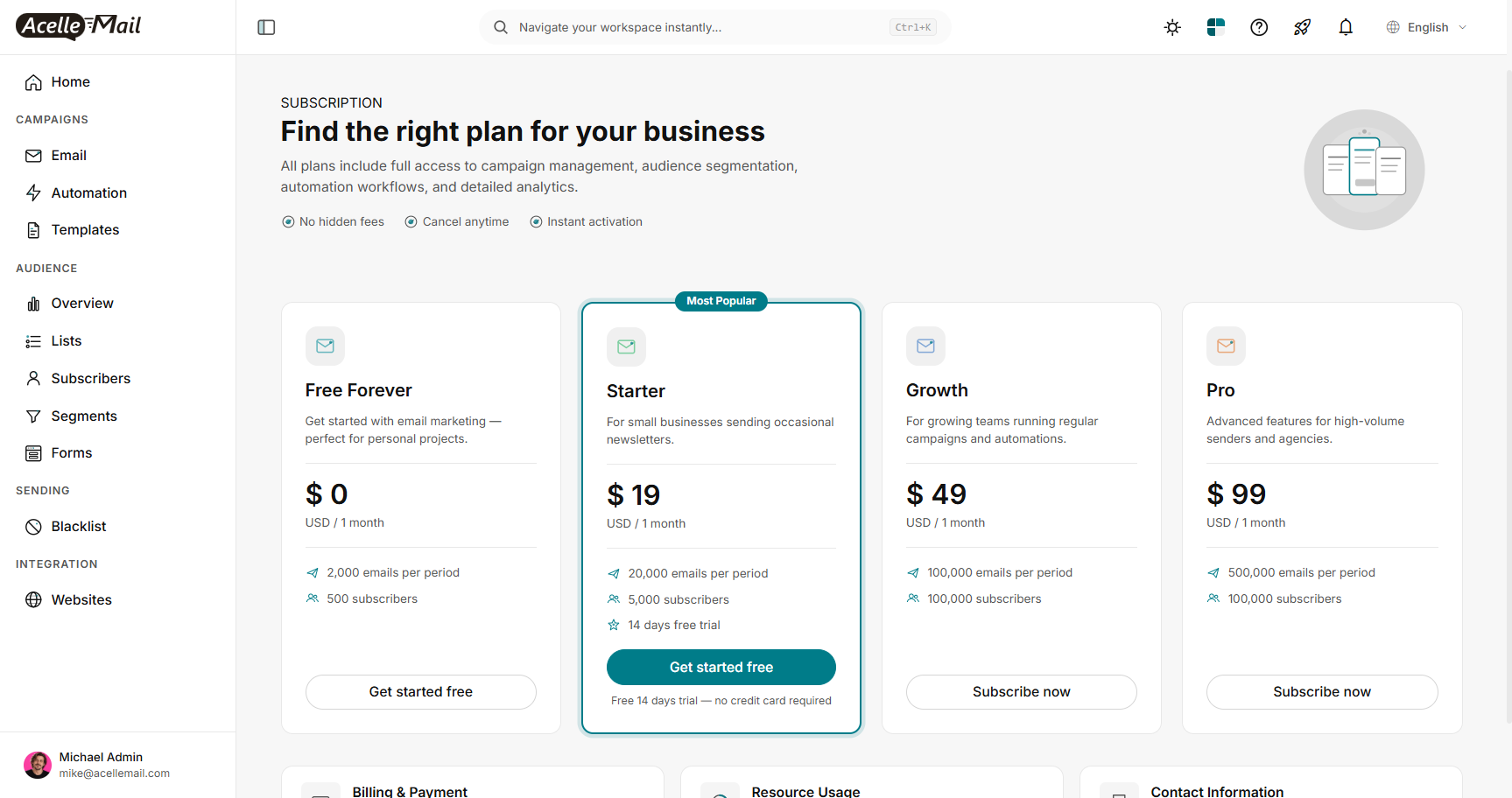 The plan selection page in the user area with the Free Forever, Starter, Growth and Pro plans