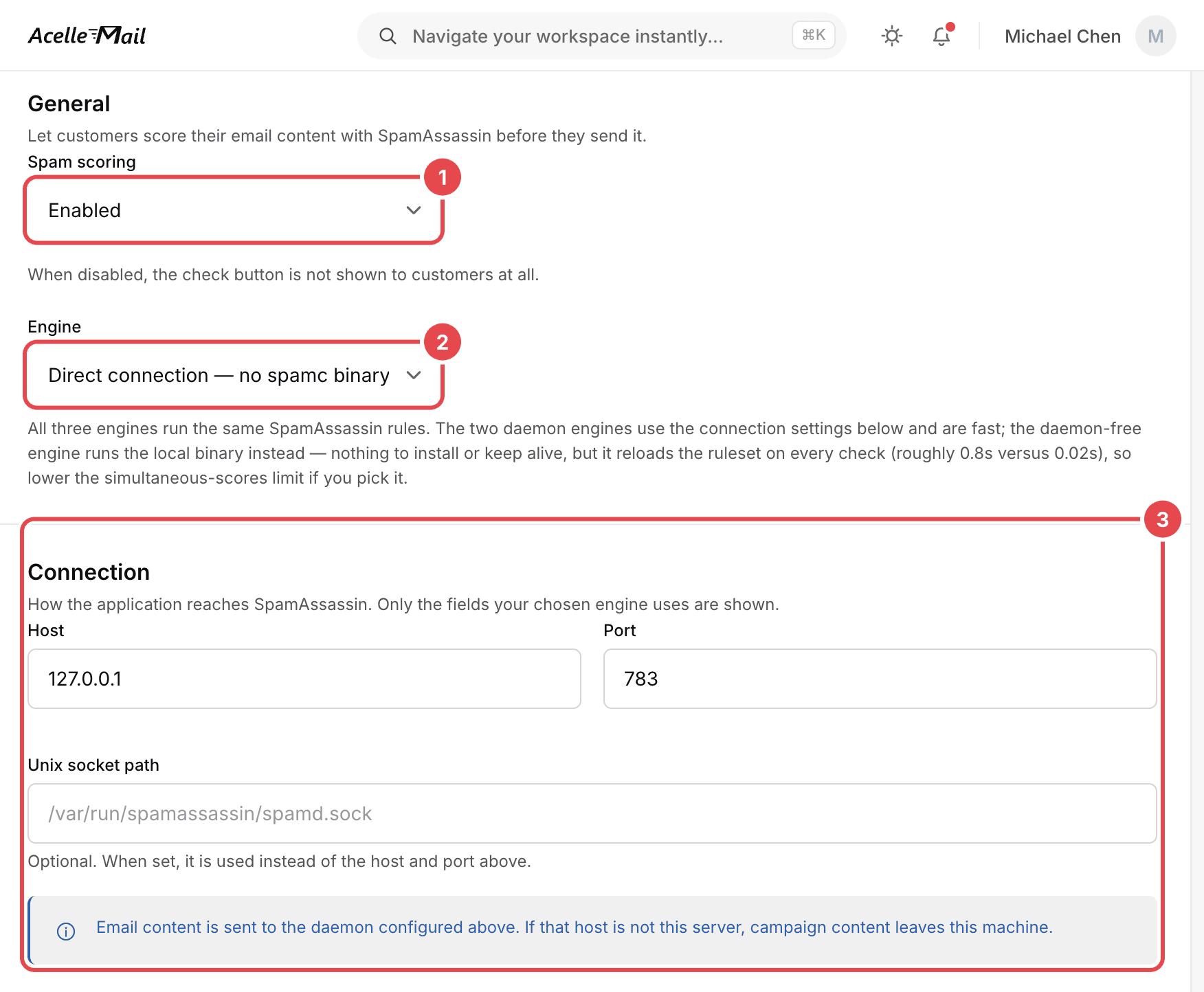 The Spam Score settings for administrators in AcelleMail, with three marks: 1 Spam scoring set to Enabled, 2 Engine set to Direct connection, and 3 the Connection card with the host 127.0.0.1 and the port 783.