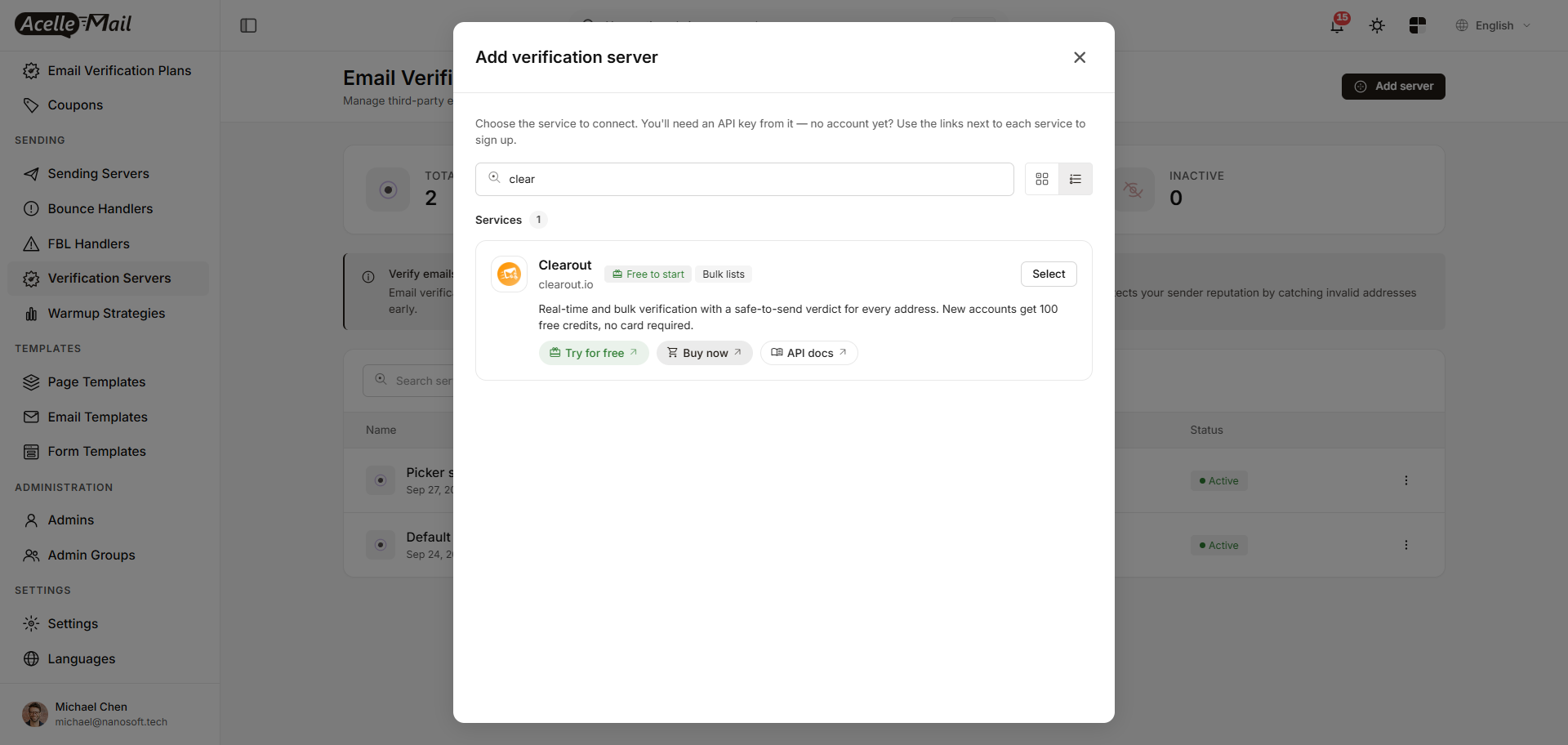 The Add verification server popup filtered to the Clearout card, with Free to start and Bulk lists badges