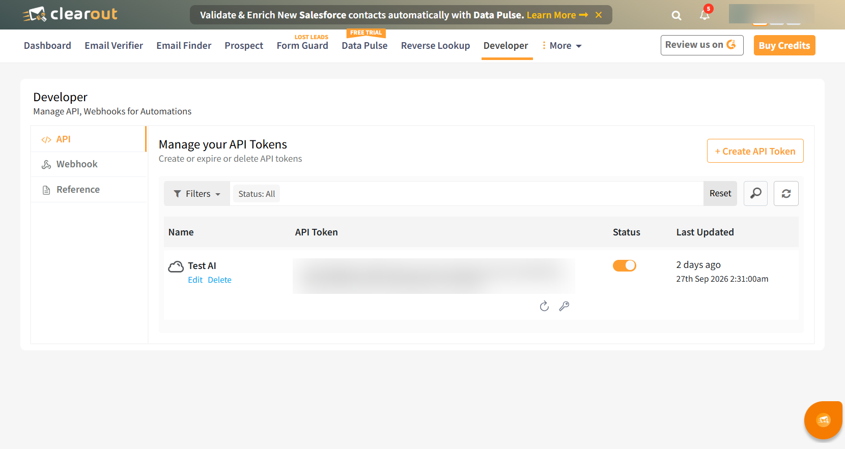 Clearout's Developer → API page listing an API token with its Status toggle on