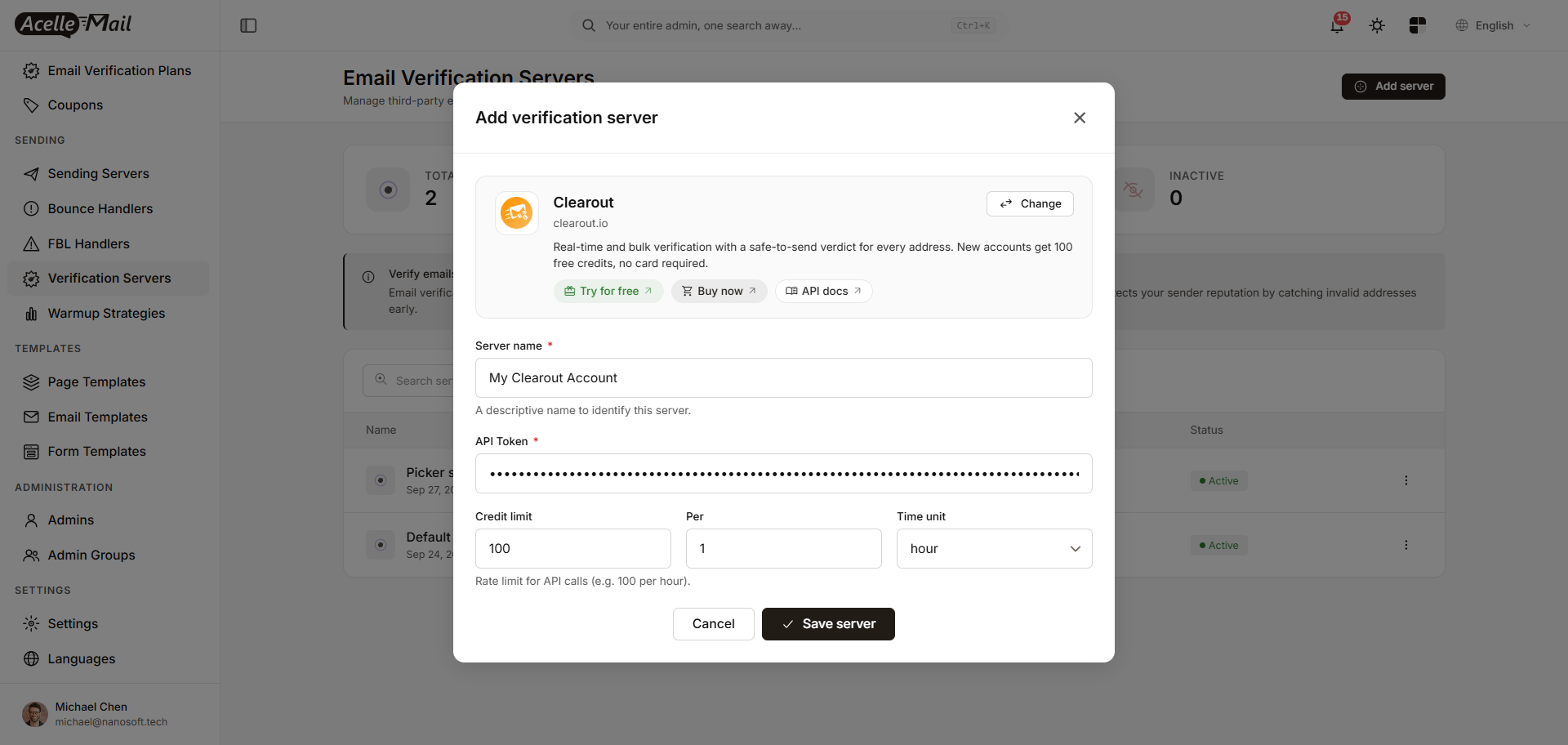 The Clearout server form: Server name, API Token, and Credit limit of 100 per 1 hour