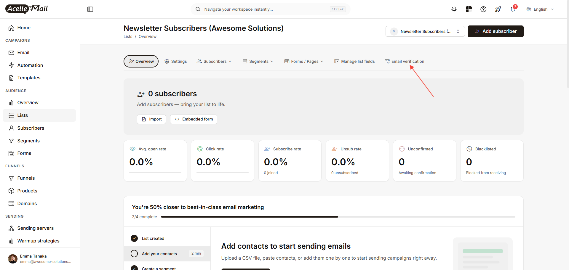 A list's Overview screen with the Email verification tab in the tab bar